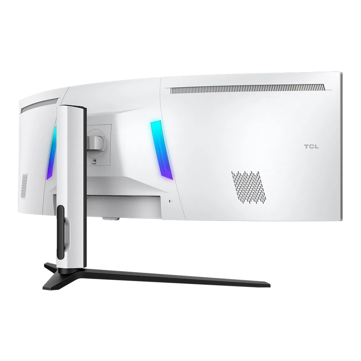 Monitor curvo bianco visto da dietro, con supporto nero e strisce RGB blu.
