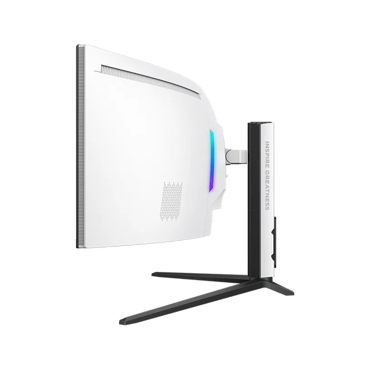 Un monitor da gioco curvo bianco con illuminazione RGB su supporto nero su sfondo bianco.