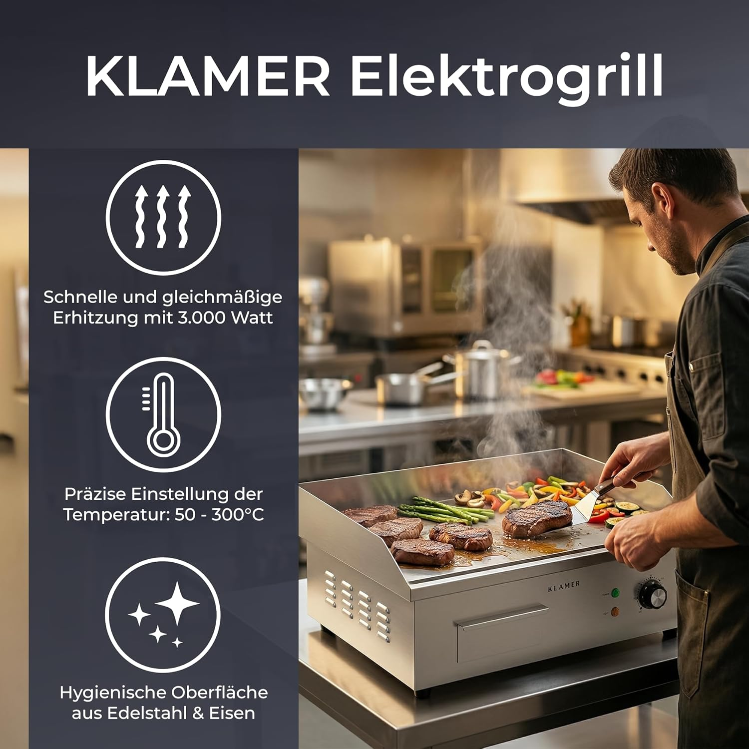 Ein Koch nutzt einen KLAMER Elektrogrill in einer Küche, während links Infografiken zu Features gezeigt werden.