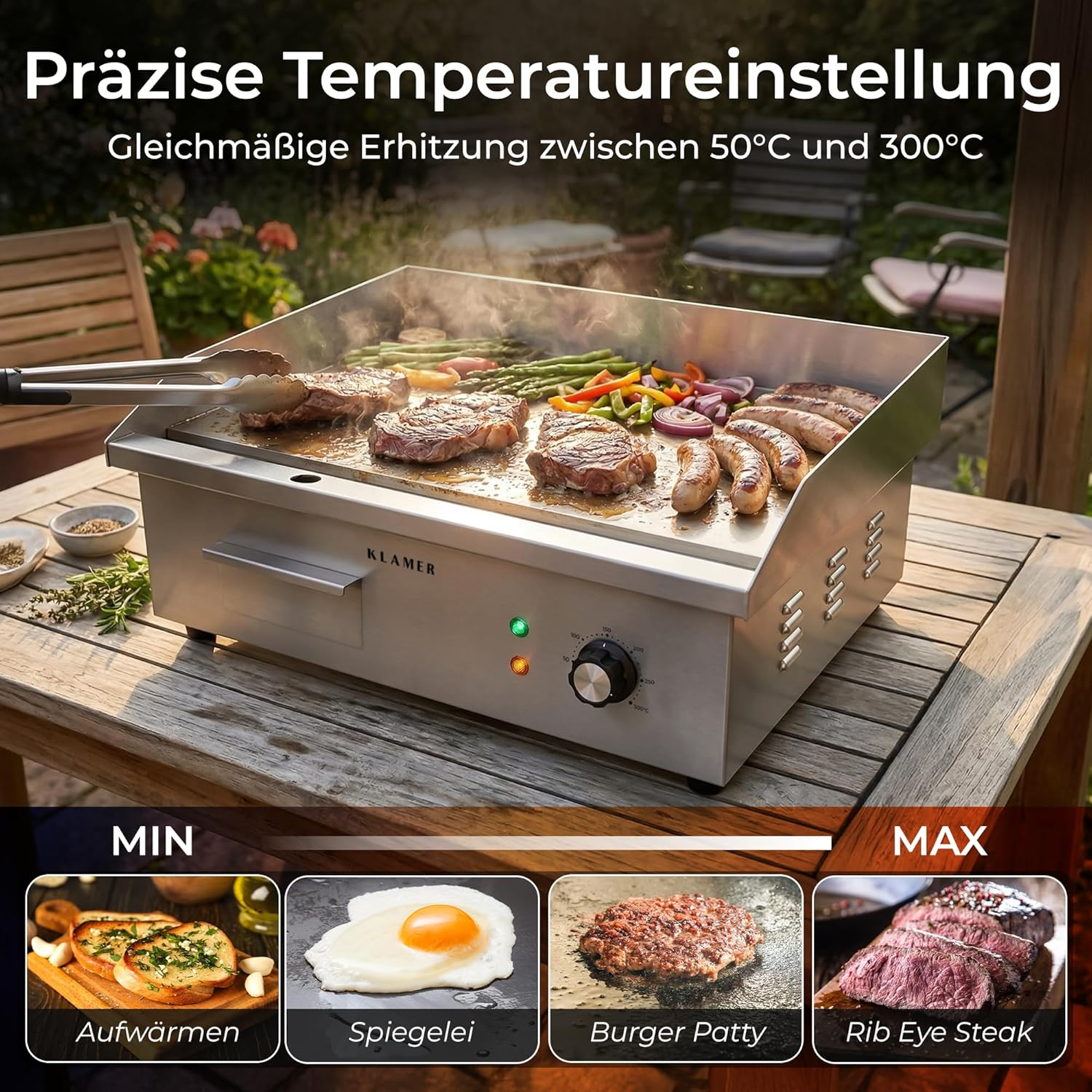 Edelstahl-Tischgrill mit Fleisch und Gemüse im Garten, Text für präzise Temperatureinstellung.