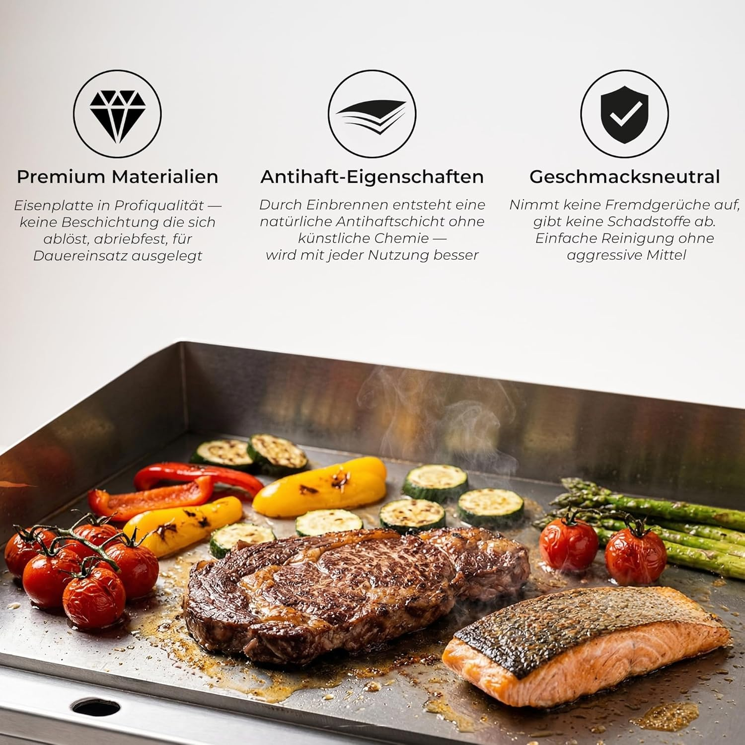 Grillplatte mit gebratenem Steak, Fisch, Tomaten und Gemüse, begleitet von Texthinweisen oben.