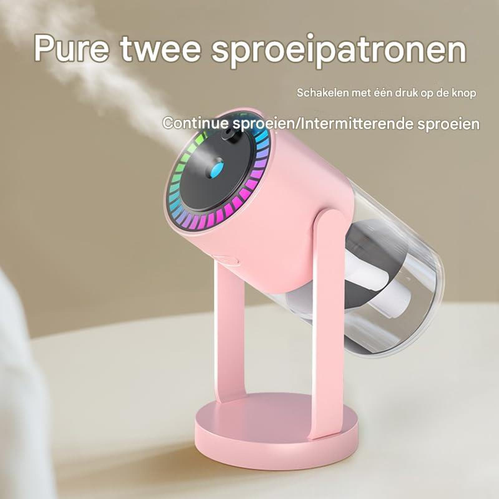 Rosa Luftbefeuchter mit LED-Ring auf hellem Ständer und transparentem Wassertank, der Nebel sprüht.