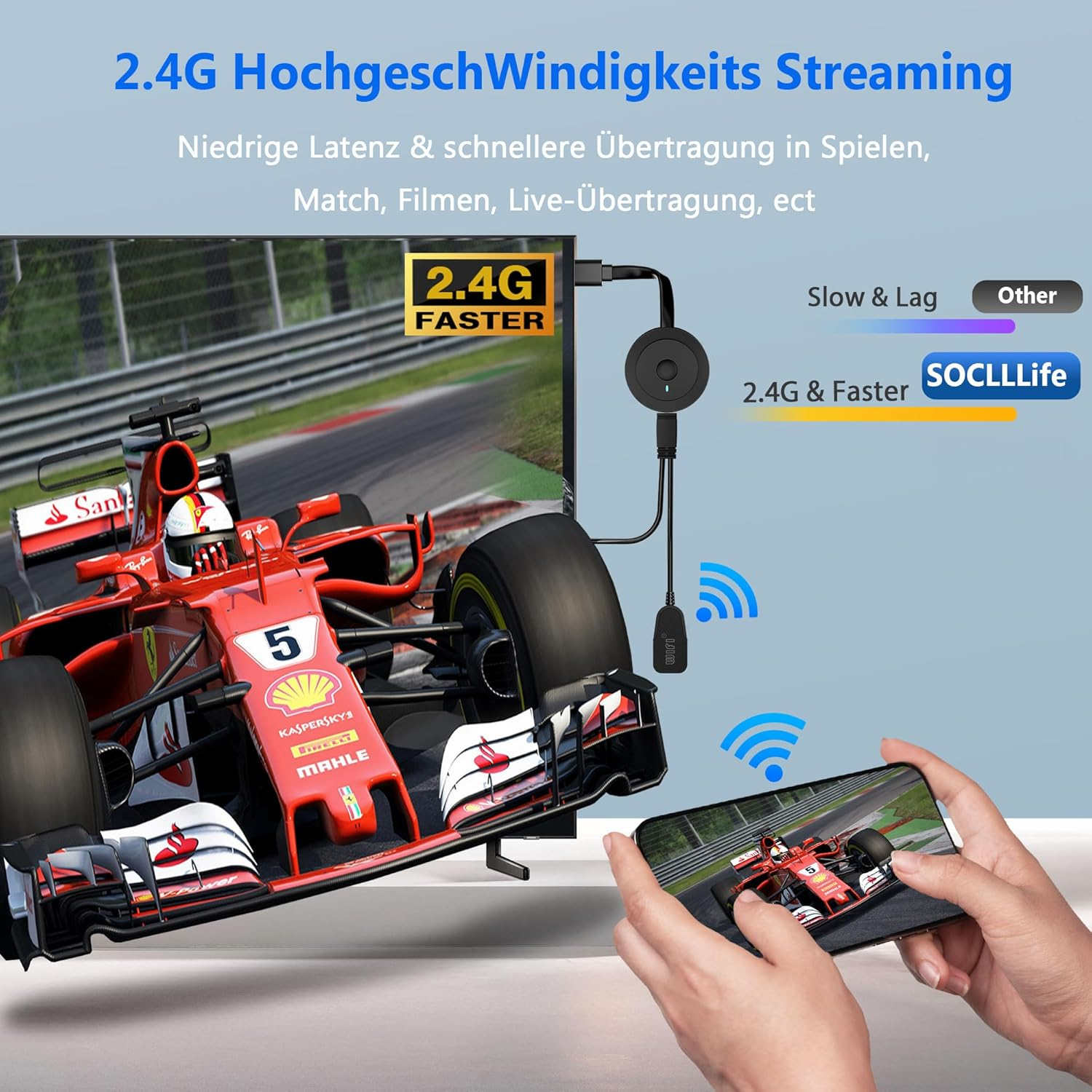 Streaming-Adapter verbindet Smartphone drahtlos mit TV für ein Rennspiel.