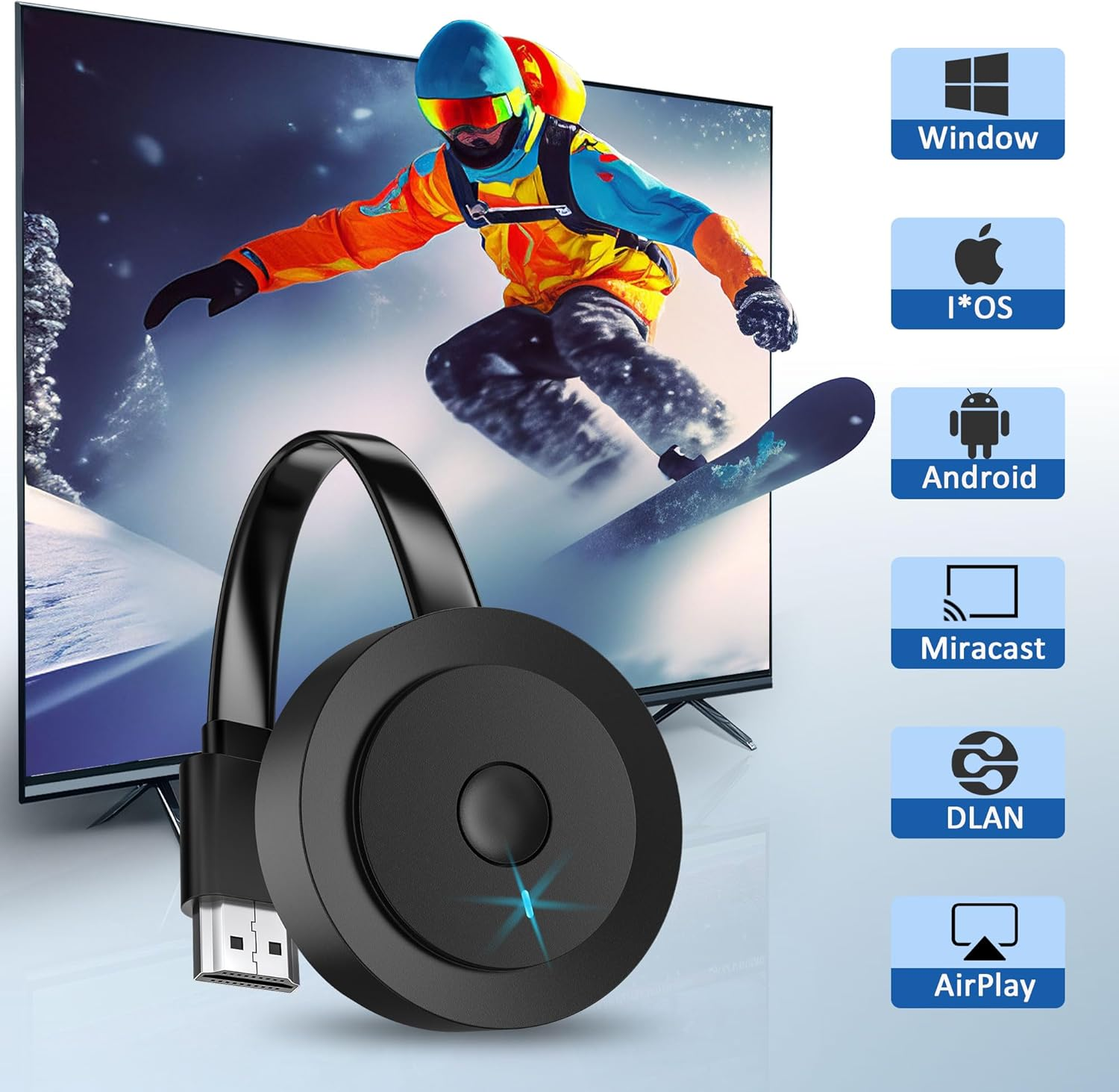 Ein schwarzer WLAN-Display-Adapter im Vordergrund mit einem TV im Hintergrund, der einen Snowboarder zeigt.
