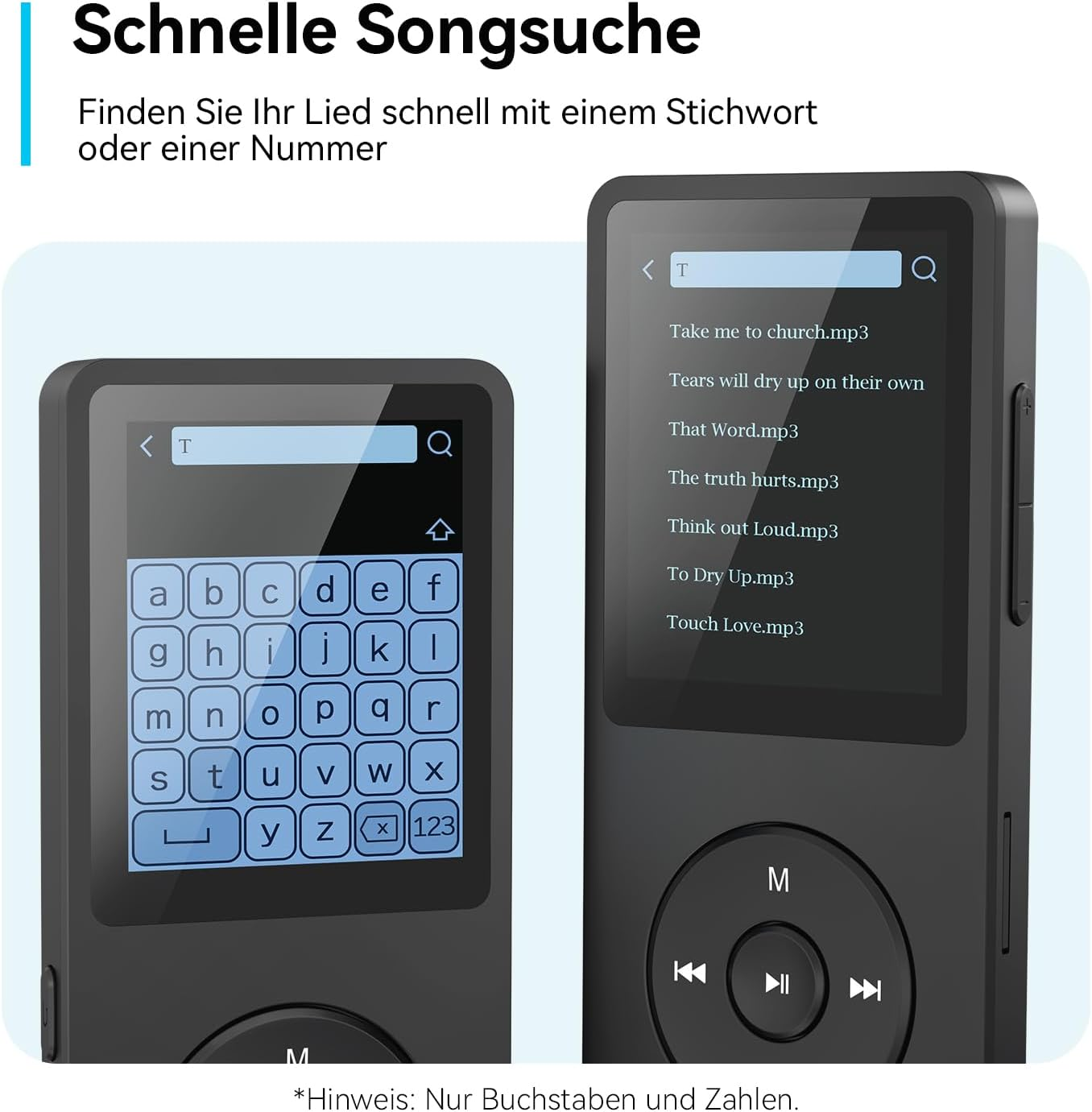 Zwei schwarze MP3-Player zeigen eine Song-Suchfunktion mit Tastatur und Ergebnisliste.