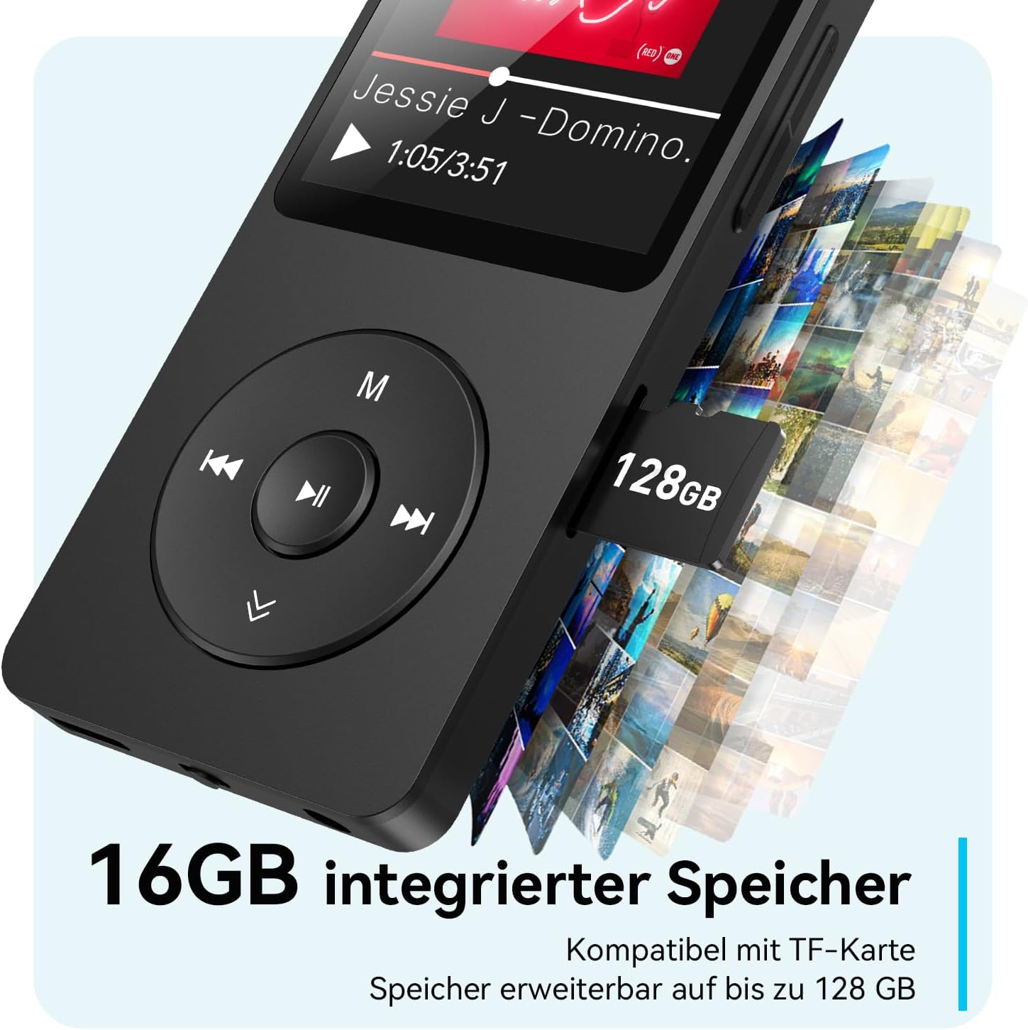 Schwarzer MP3-Player mit 128GB SD-Karte und vielen Fotos, Text '16GB integrierter Speicher' unten.
