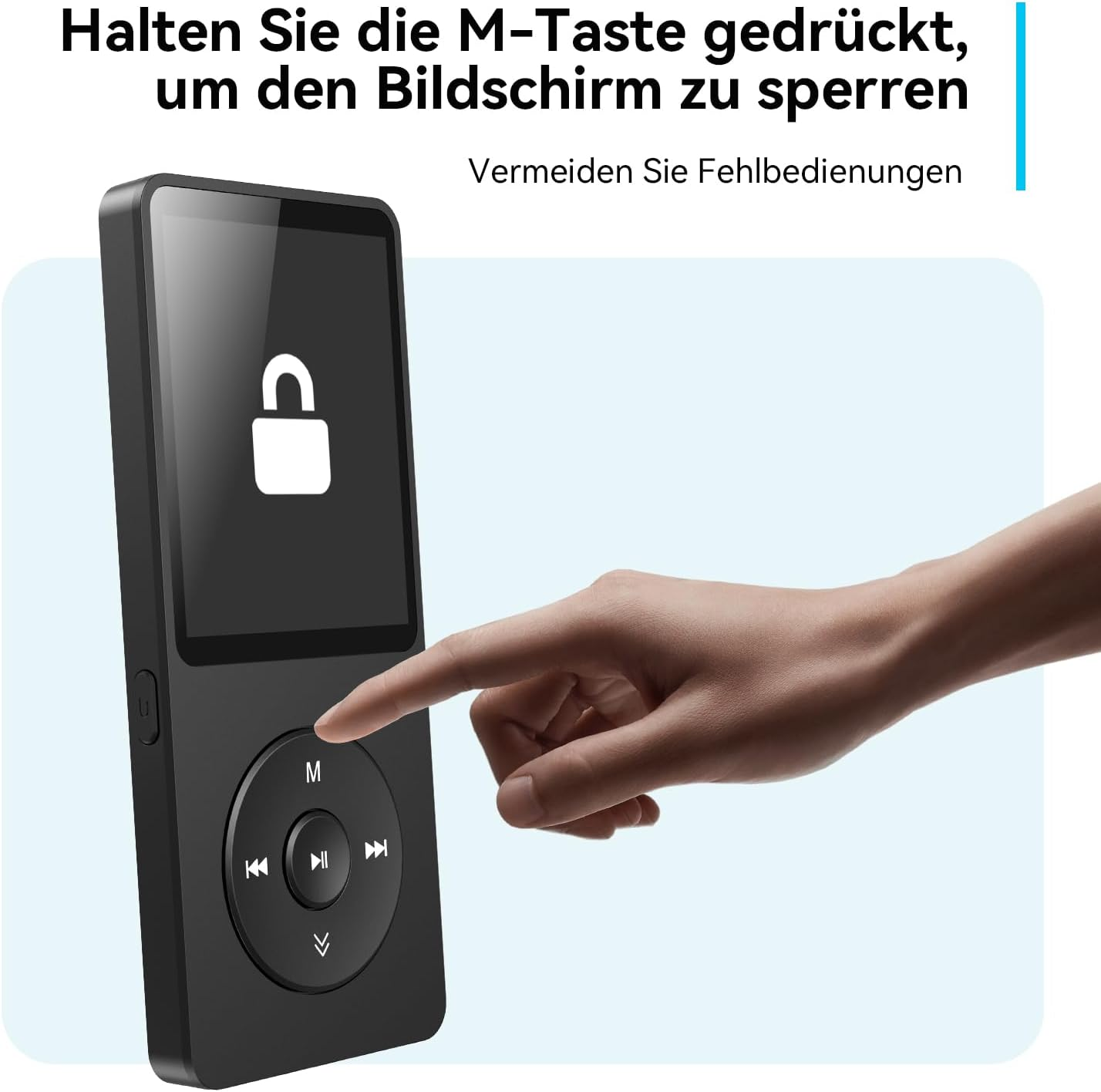 Hand drückt die M-Taste eines schwarzen MP3-Players, um den Bildschirm zu sperren.