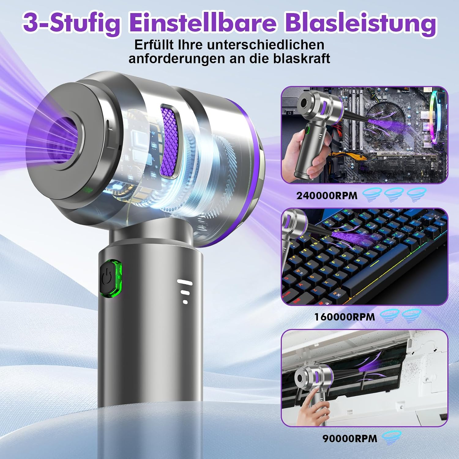 Kabelloser Luftgebläse mit 3-stufiger Leistung zeigt Einsatzmöglichkeiten an PC, Tastatur und Klimaanlage.