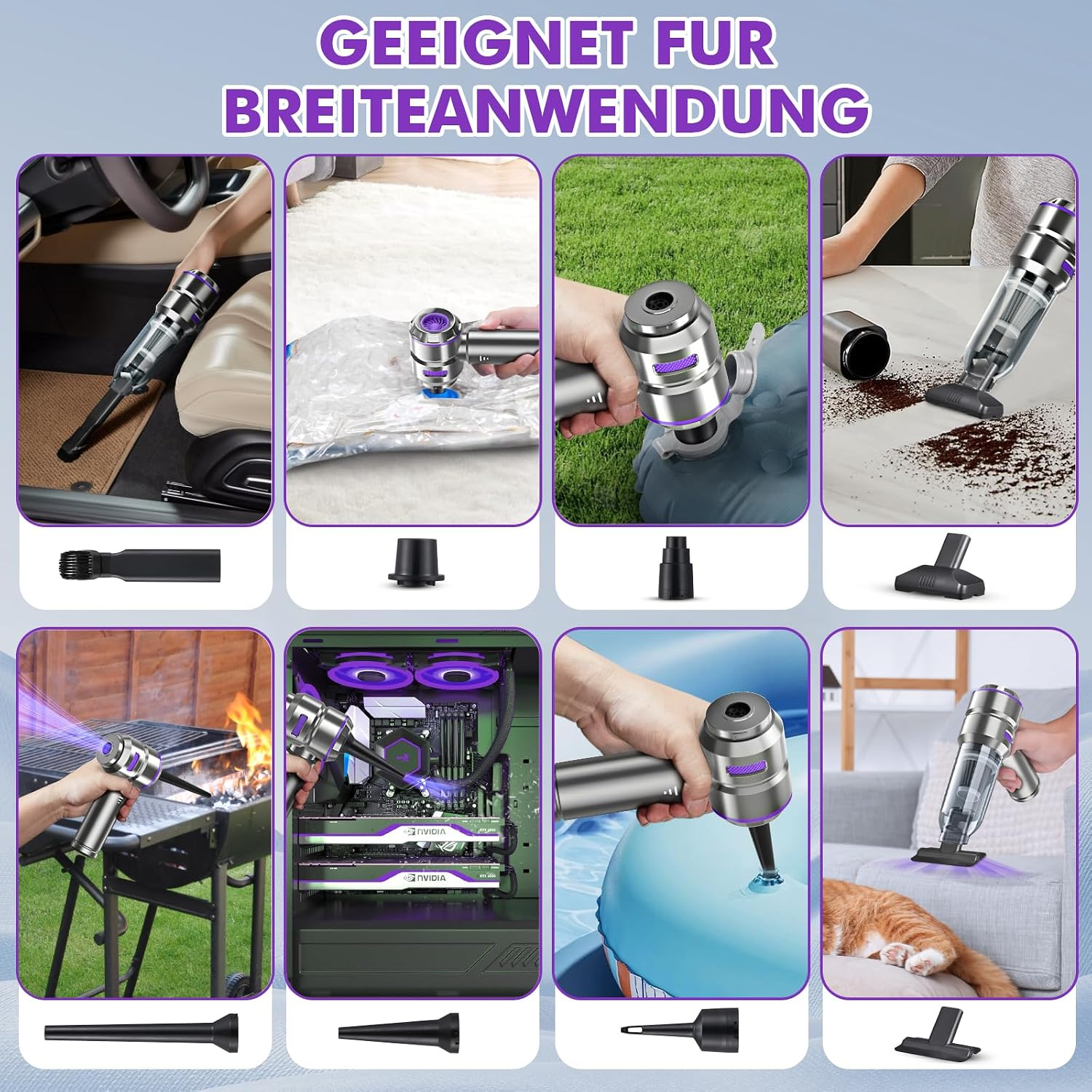 Eine Collage zeigt einen Handstaubsauger im Einsatz für Autos, Vakuutupacken, Aufblasen und Reinigen.