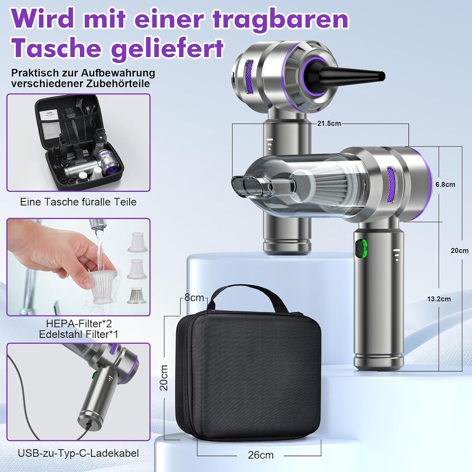 Tragbarer kabelloser Staubsauger mit Aufbewahrungstasche, Filtern und Maßen.