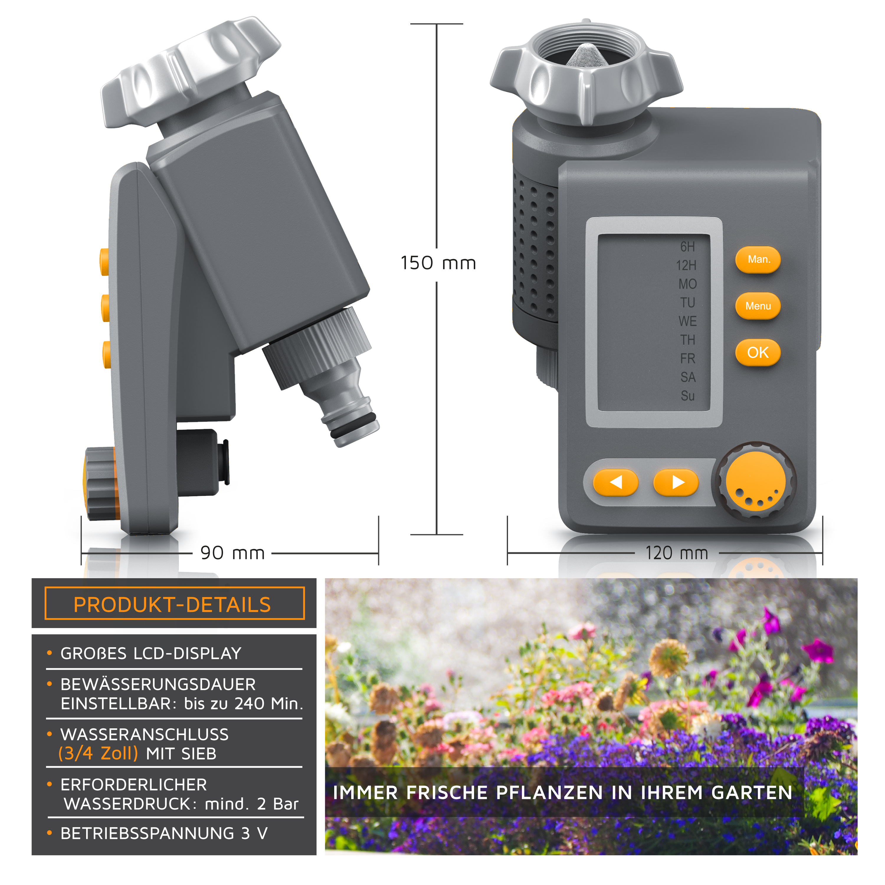 Grau-oranger digitaler Bewässerungshut mit Maßen und Produktdetails vor buntem Gartenhintergrund.