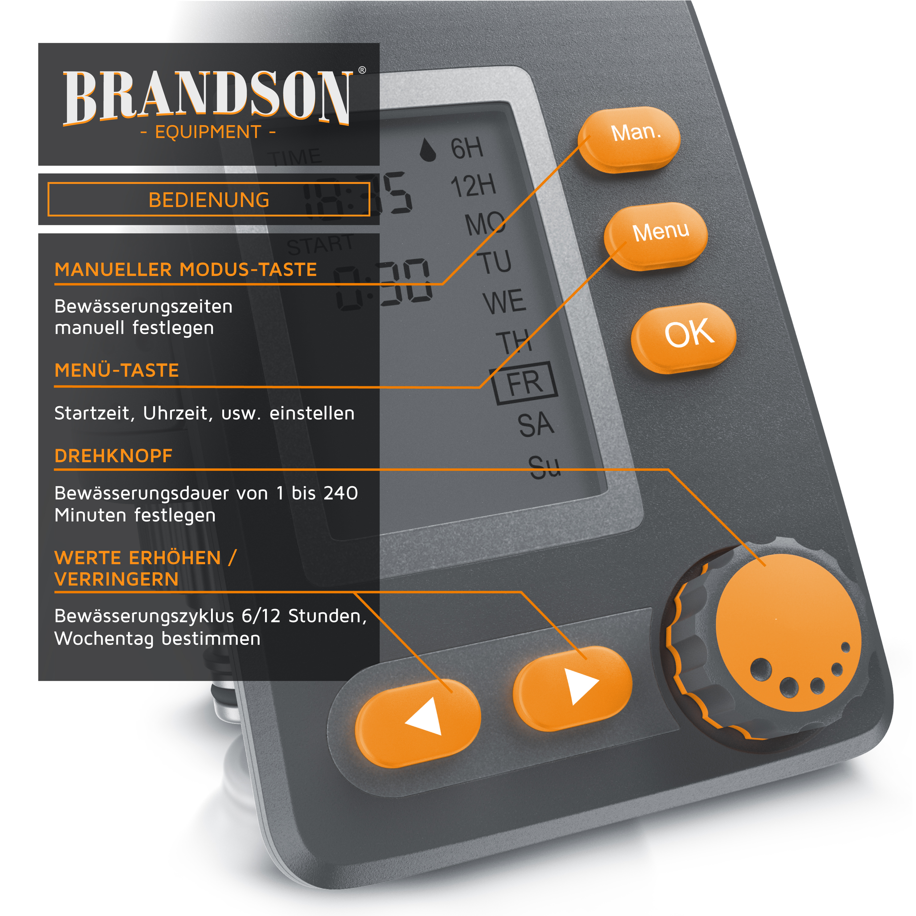 Brandson Bewässerungscomputer mit digitalem Display und orangefarbenen Steuertasten und Drehregler.