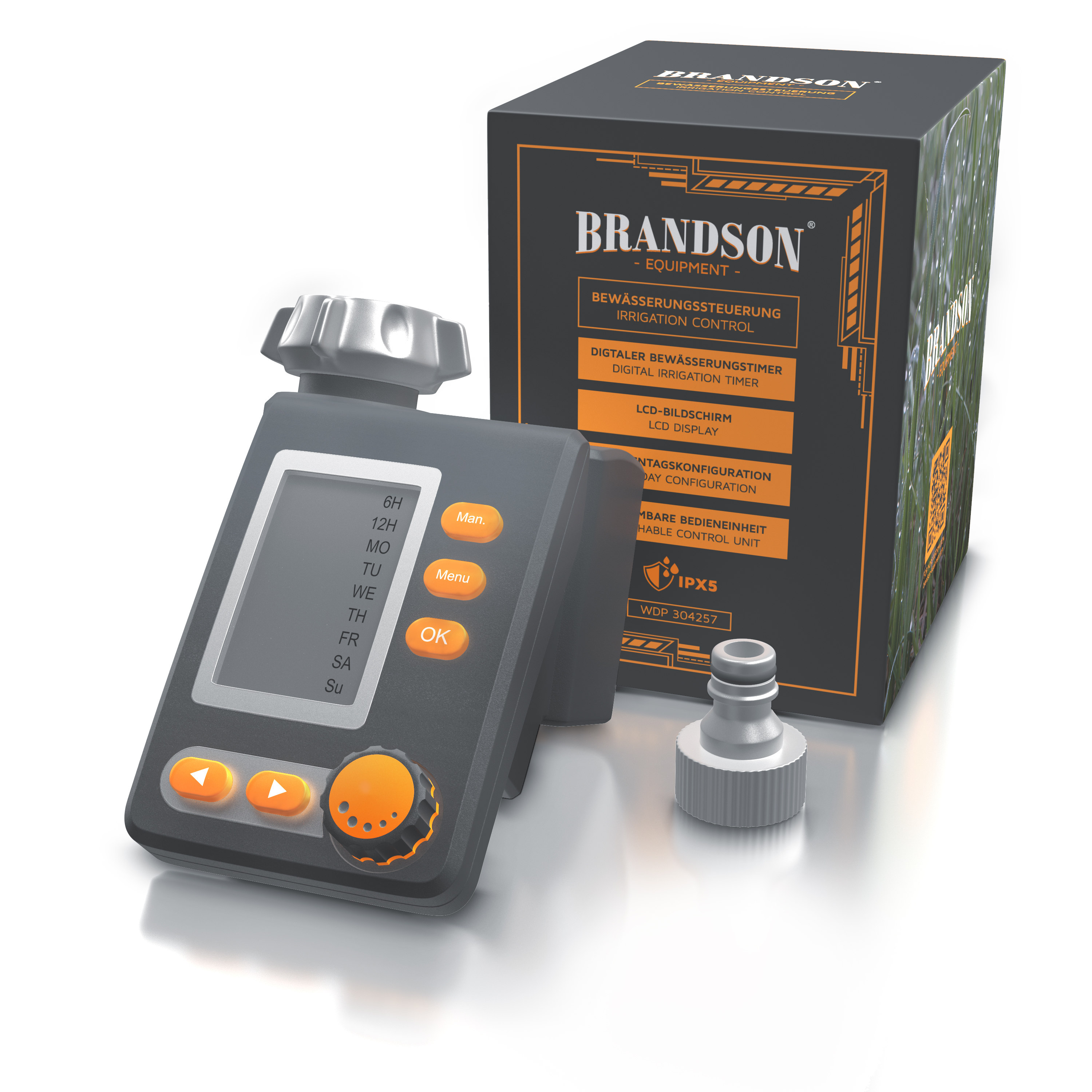 Grauer Brandson Bewässerungstimer mit LCD-Bildschirm und Tasten, neben seiner Verpackung und einem Anschlussstück.