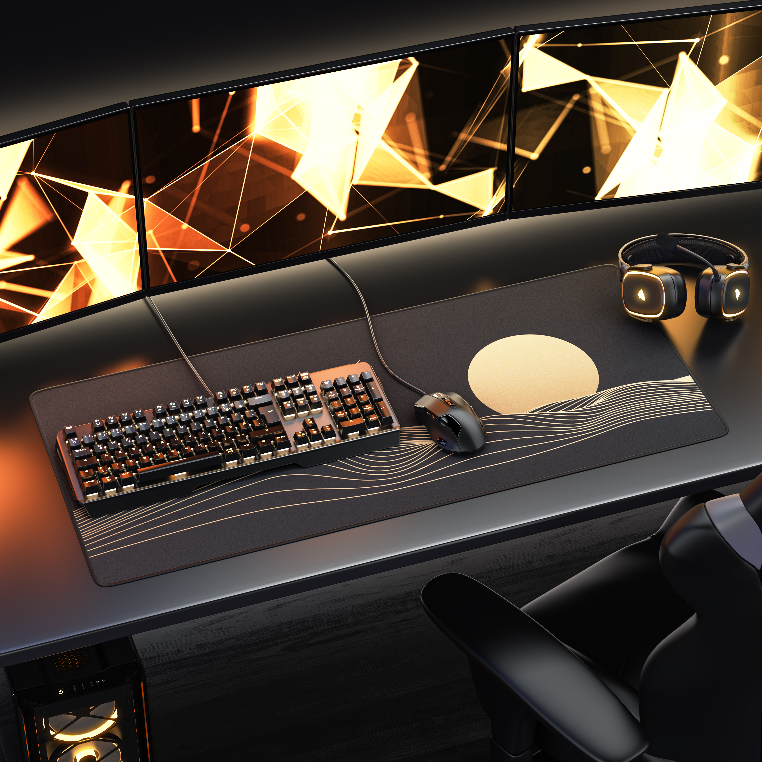 Ein Gaming-Schreibtisch mit Monitoren, Tastatur, Maus, Kopfhörern und Mauspad mit Sonnenuntergangsgrafik.