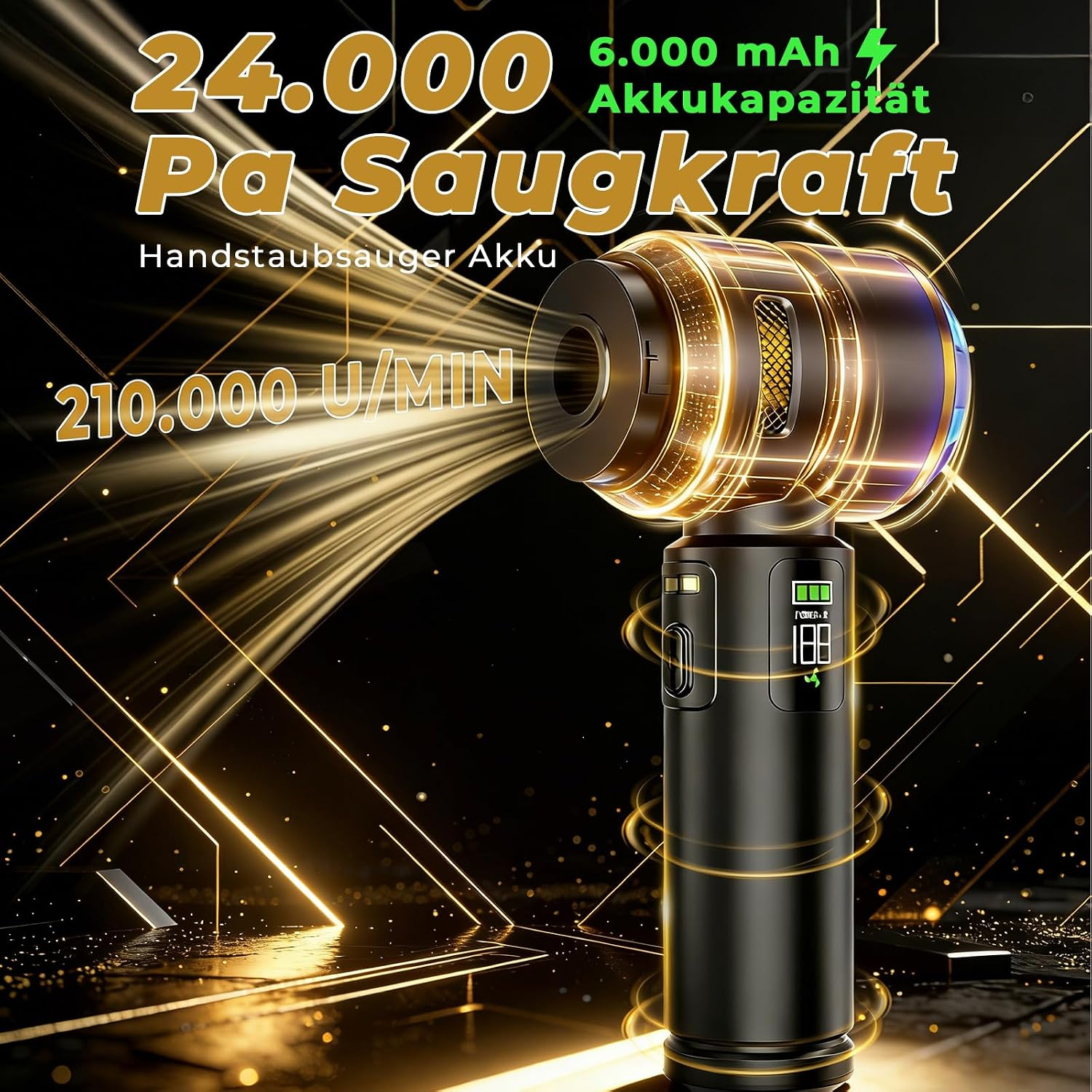 Ein schwarzer kabelloser Handstaubsauger mit digitaler Anzeige und goldener Lichtgrafik auf dunklem Hintergrund.