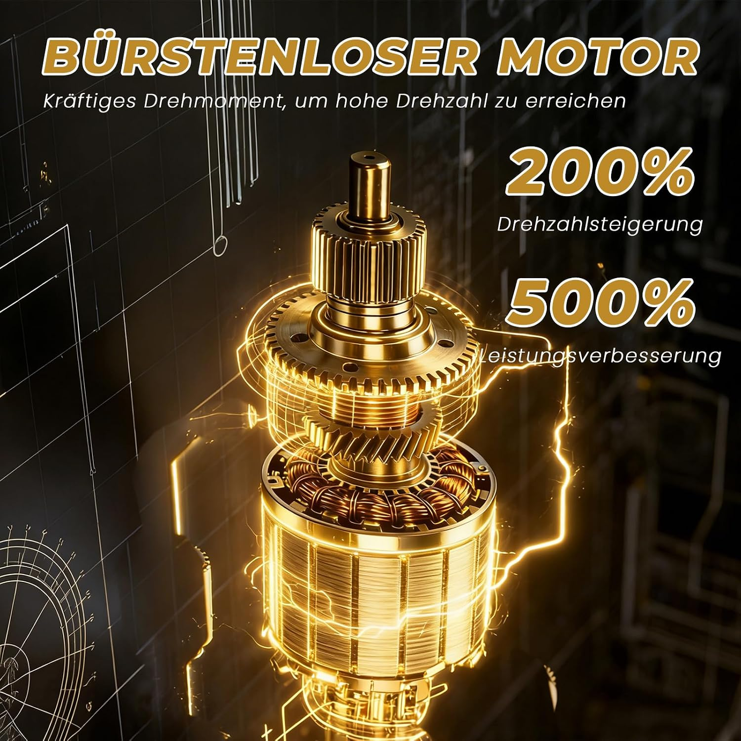Goldener bürstenloser Motor mit Zahnrädern, Schaltplänen im Hintergrund und deutschen Texten.