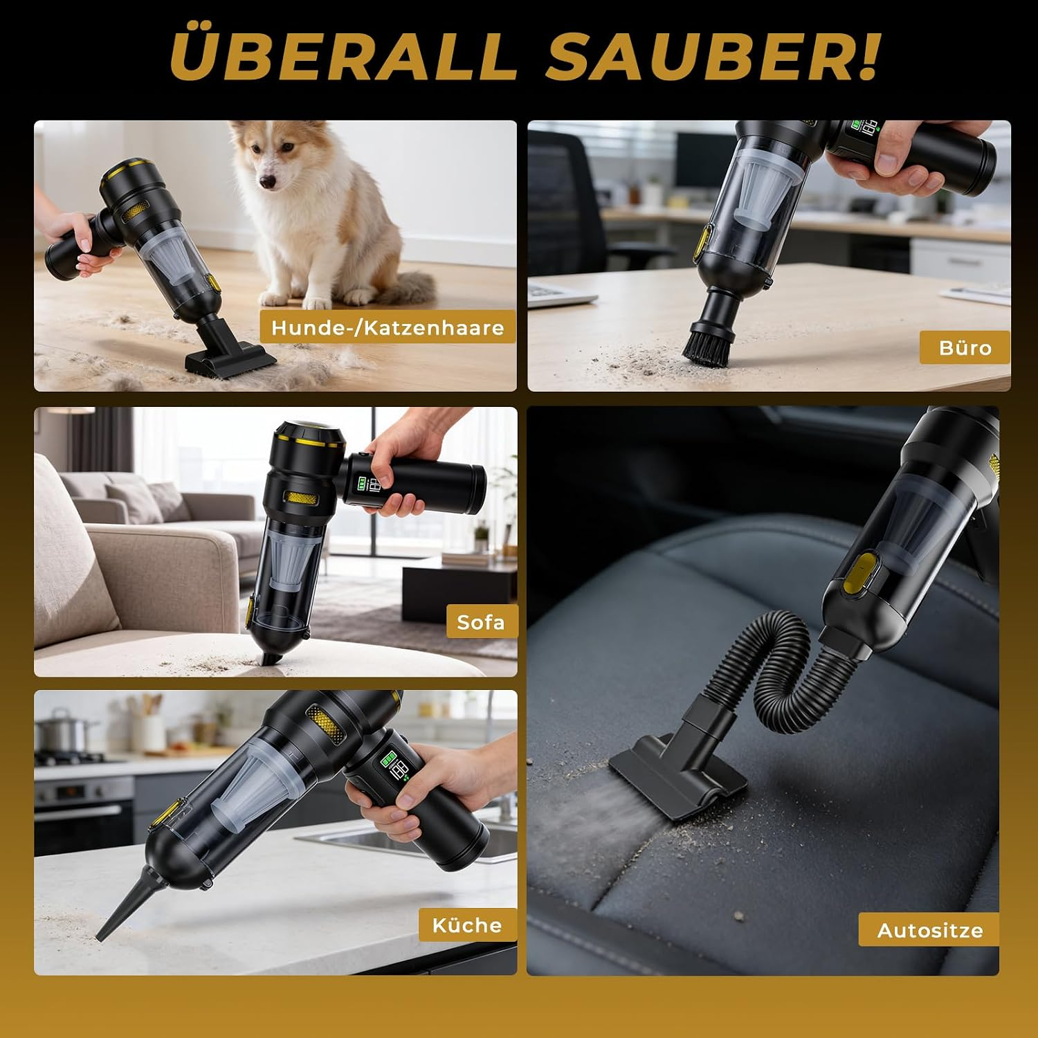 Handstaubsauger wird in verschiedenen Szenarien zur Reinigung von Haaren, Büro, Sofa, Küche und Autositzen verwendet.
