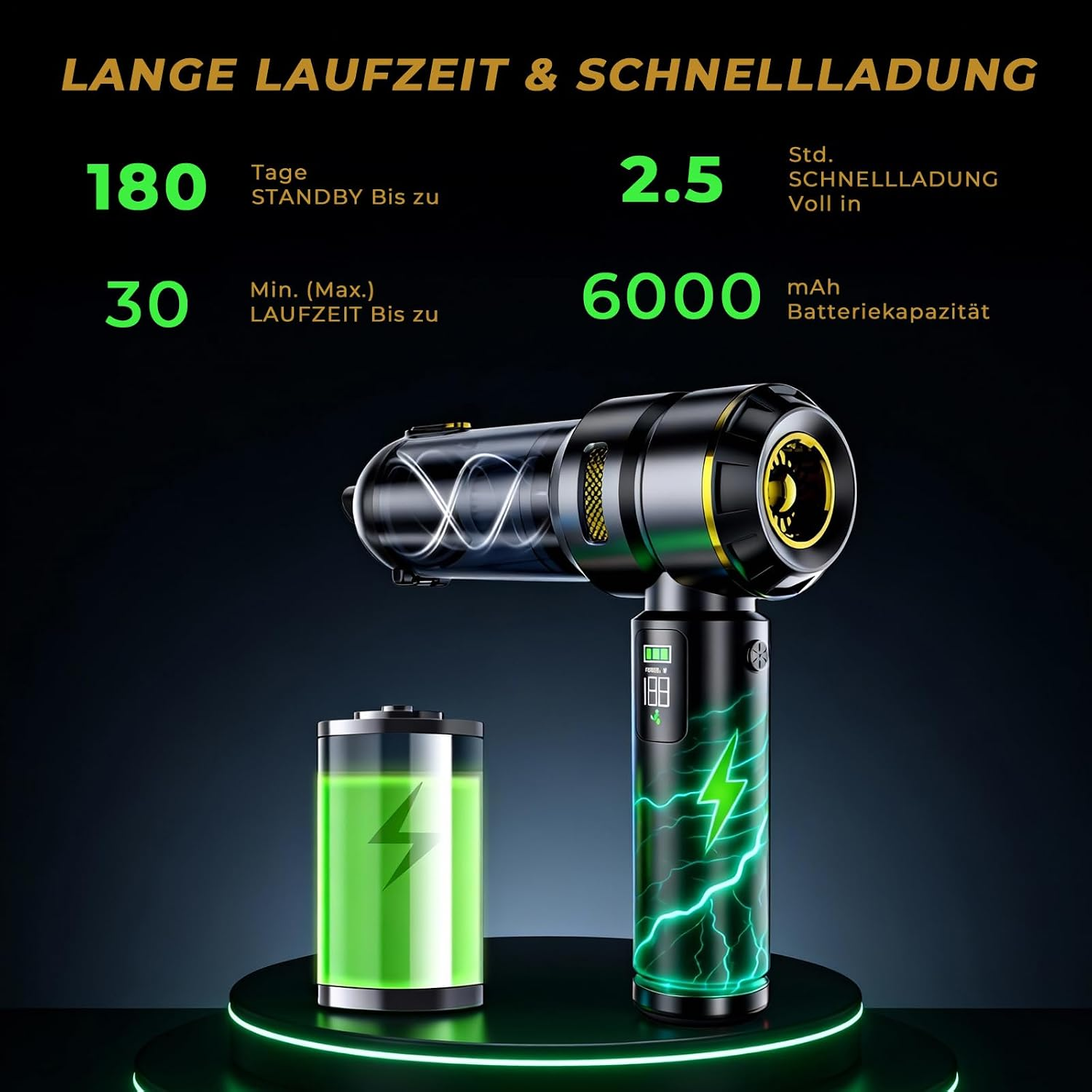 Schwarzer Handstaubsauger mit Akku und Technischen Daten auf schwarzem Hintergrund.