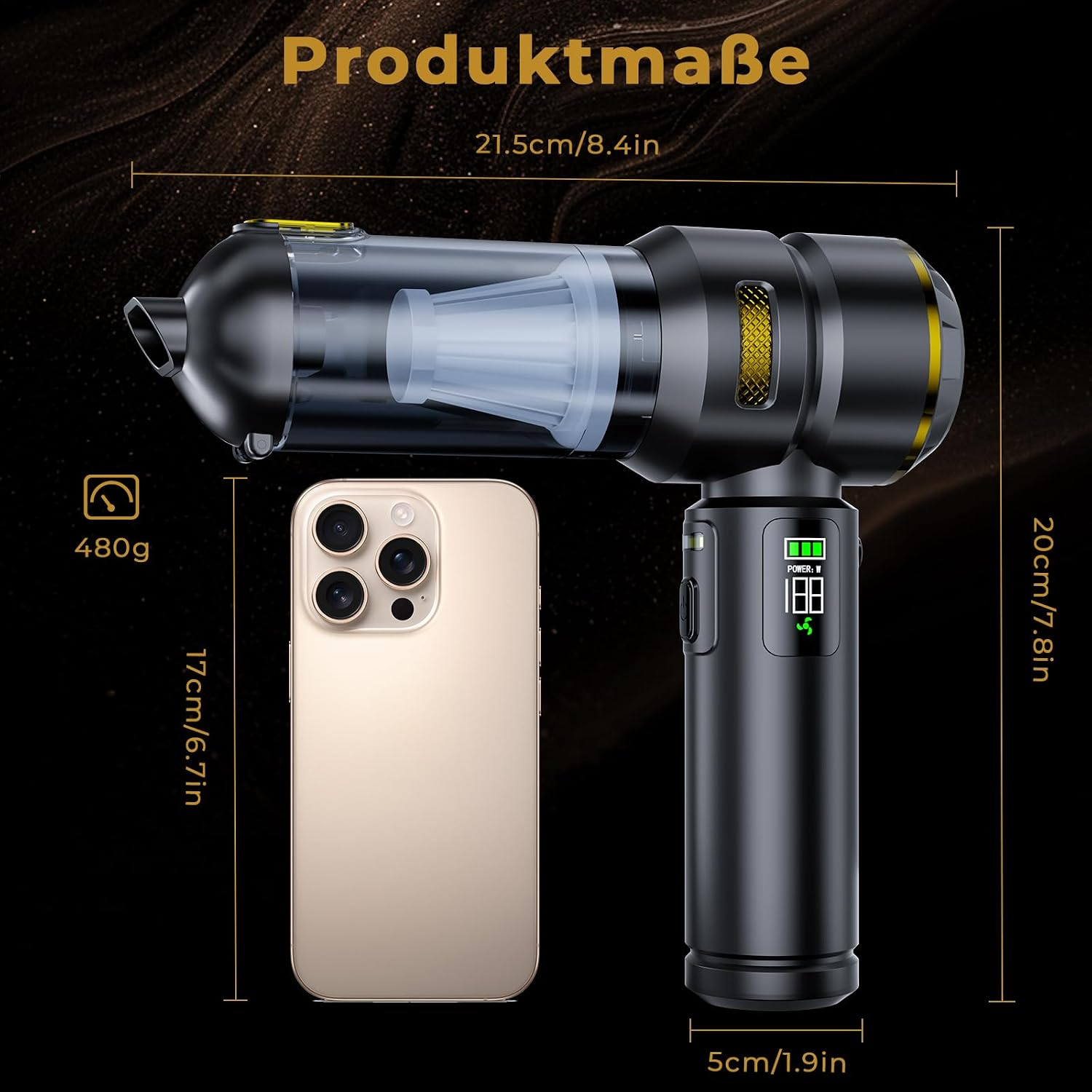 Handlicher Akkusauger mit Smartphone zum Größenvergleich und Bemaßungen auf schwarzem Hintergrund.