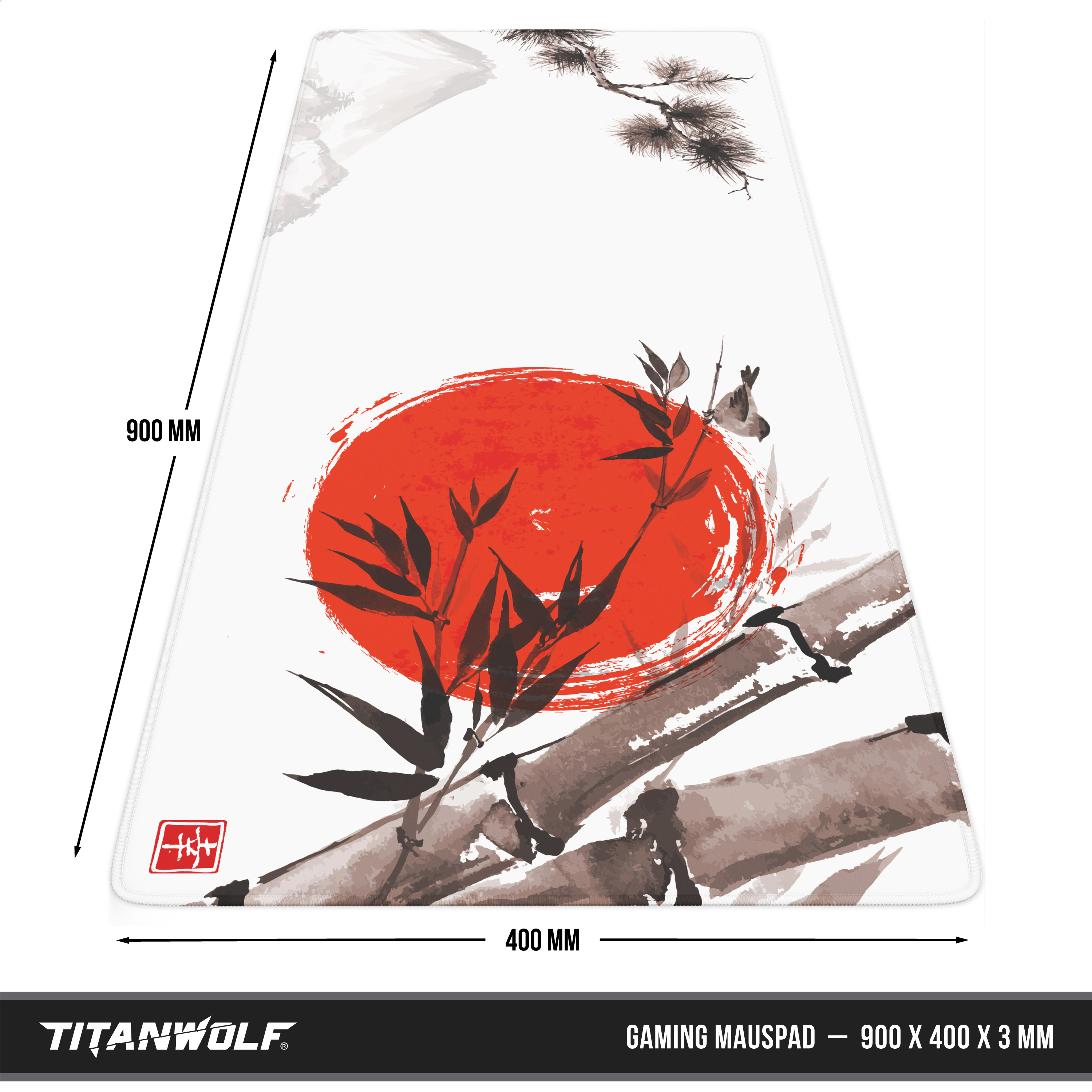 Titanwolf Gaming-Mauspad mit japanischem Tusche-Design, roter Sonne und Bambus, Maße 900x400 mm.