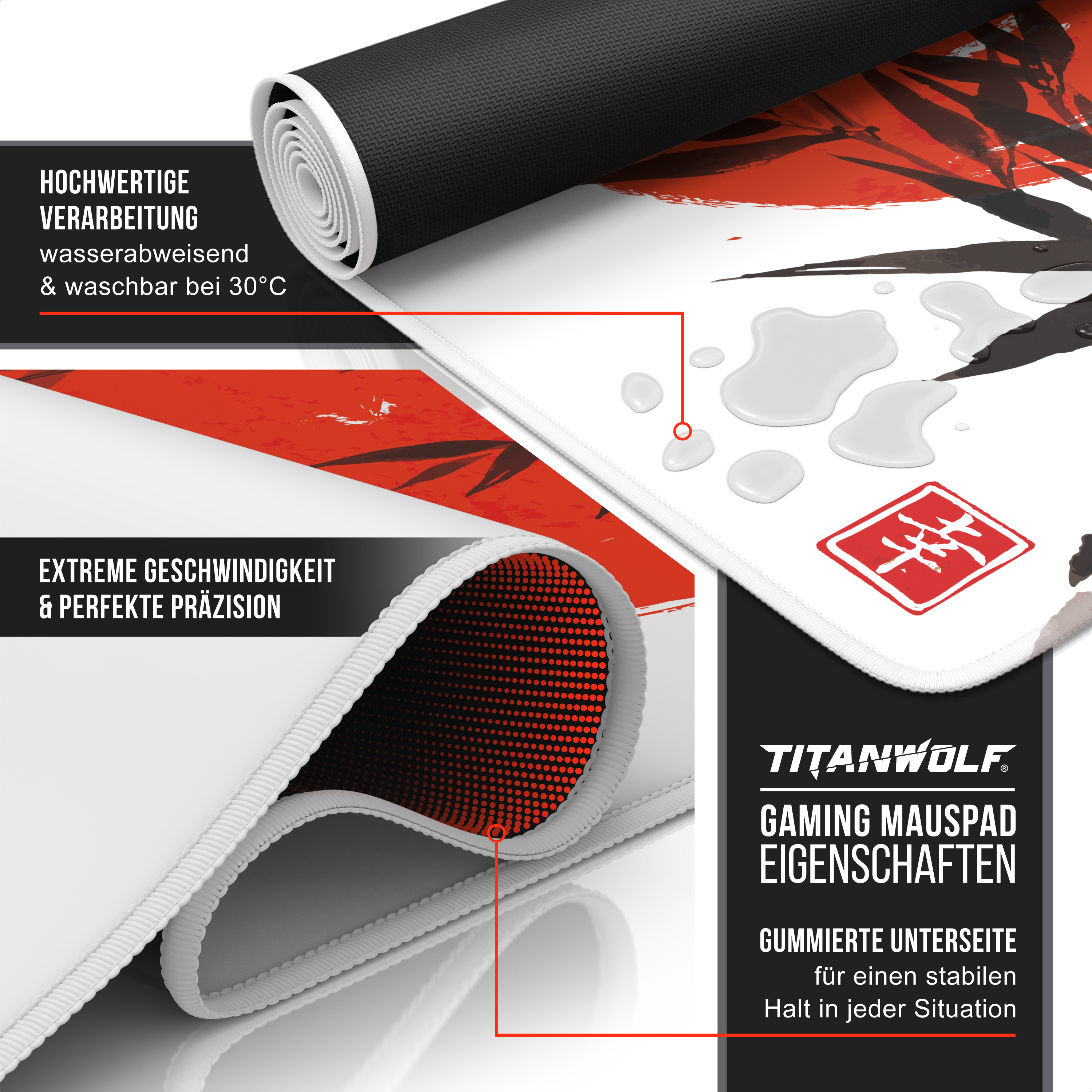 Titanwolf Gaming-Mauspad mit wasserabweisender Oberfläche und gummierter Unterseite für stabilen Halt.
