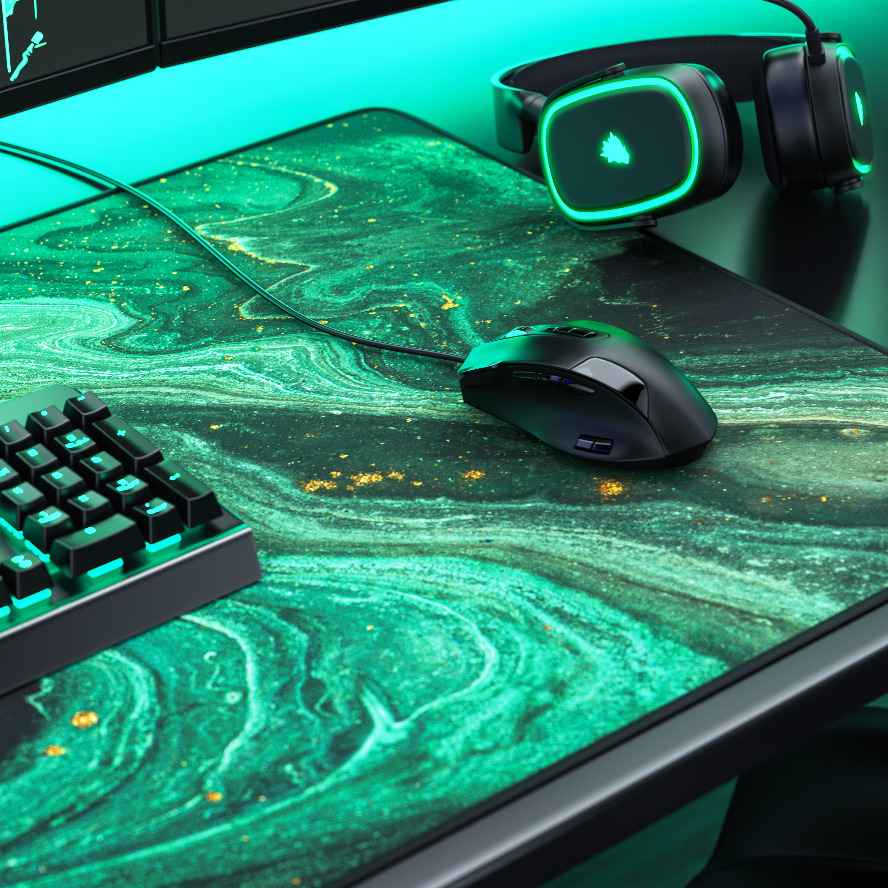 Ein Gaming-Setup mit beleuchteter Tastatur, Maus und Kopfhörern auf einer grün gemusterten Unterlage.