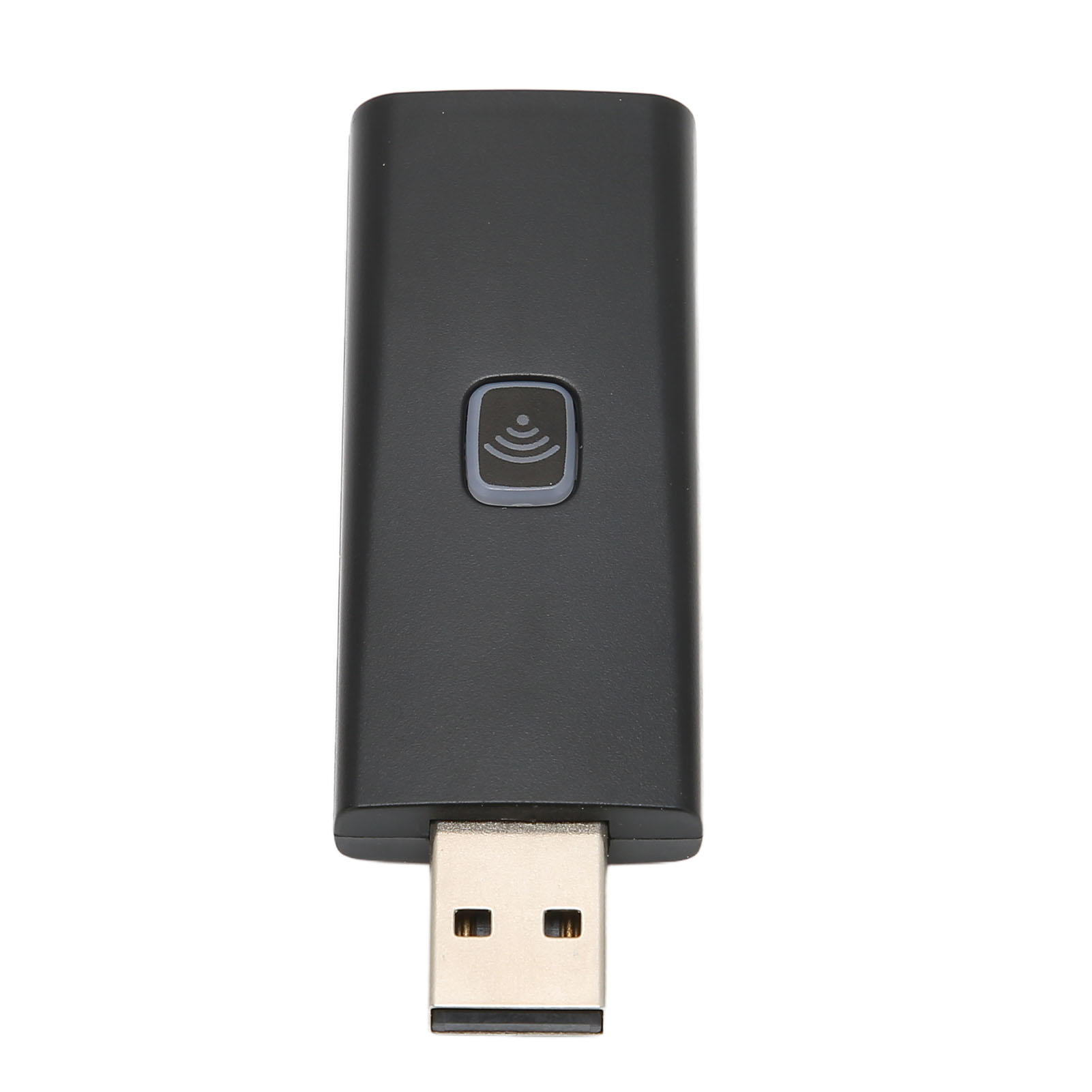 Ein schwarzer WLAN-USB-Adapter mit einer Taste und einem WLAN-Symbol auf weißem Hintergrund.