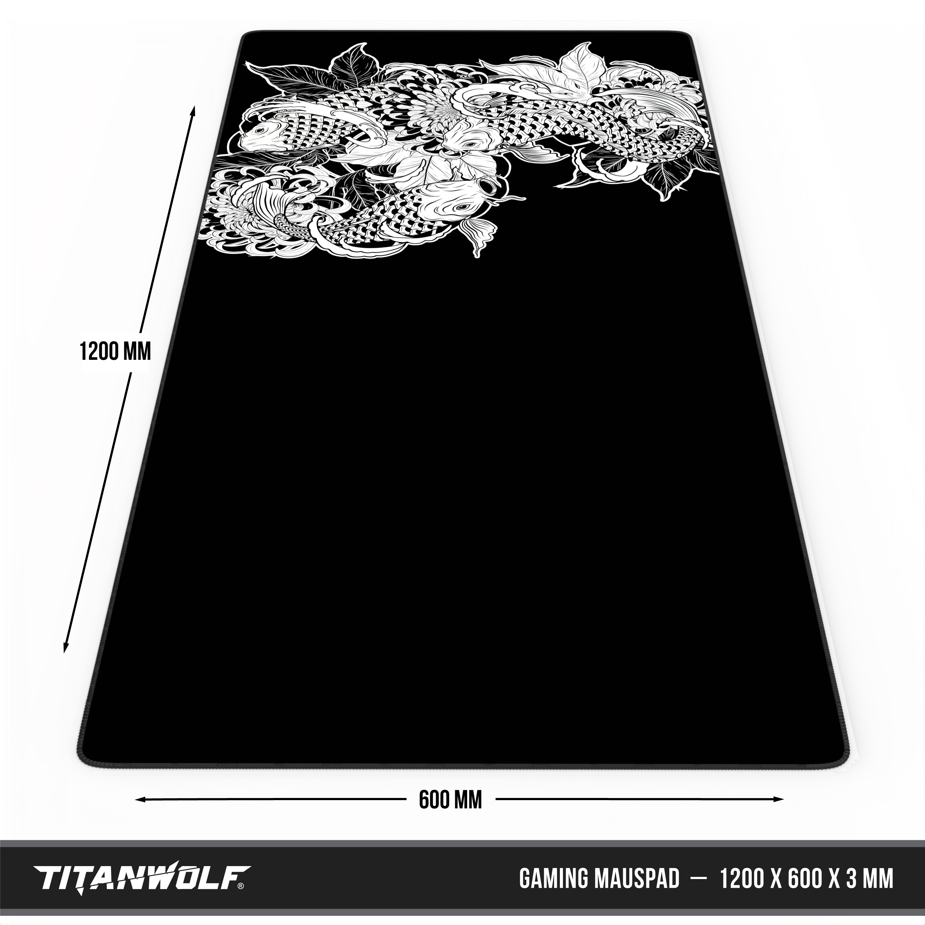 Schwarzes Titanwolf Gaming-Mauspad, 1200x600 mm, mit weißem Koi-Fisch-Muster oben.