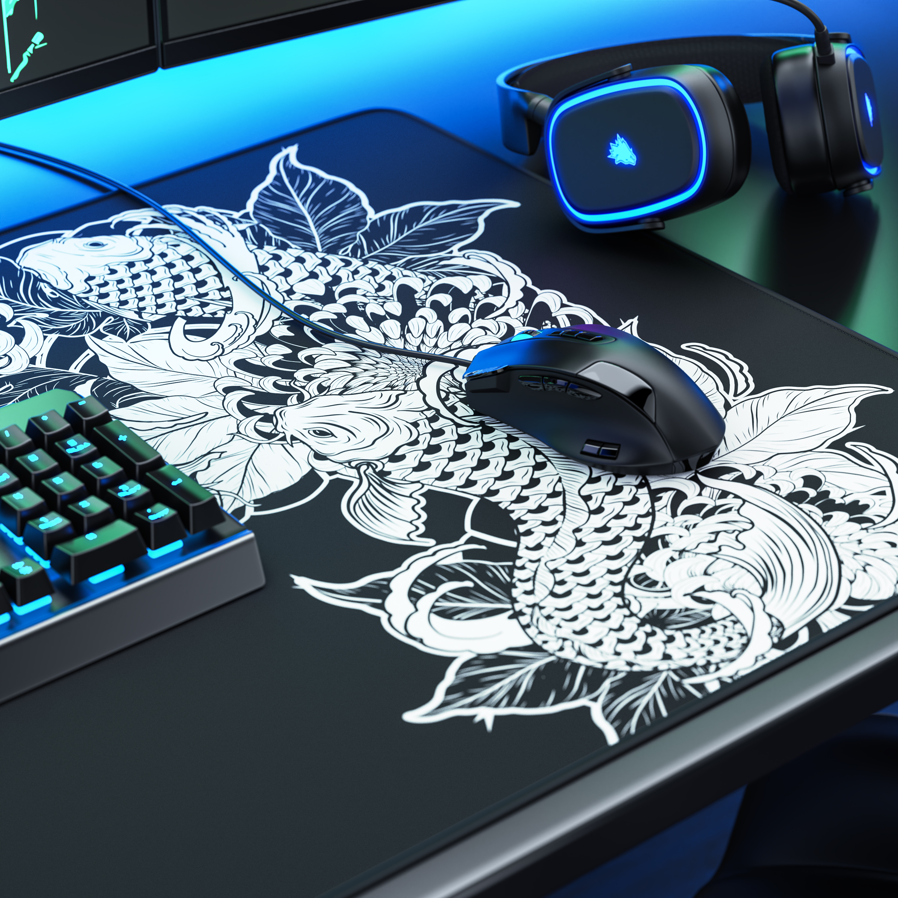 Ein Gaming-Setup mit schwarzer Maus, Blumen-Mauspad, leuchtender Tastatur und blau beleuchtetem Headset.