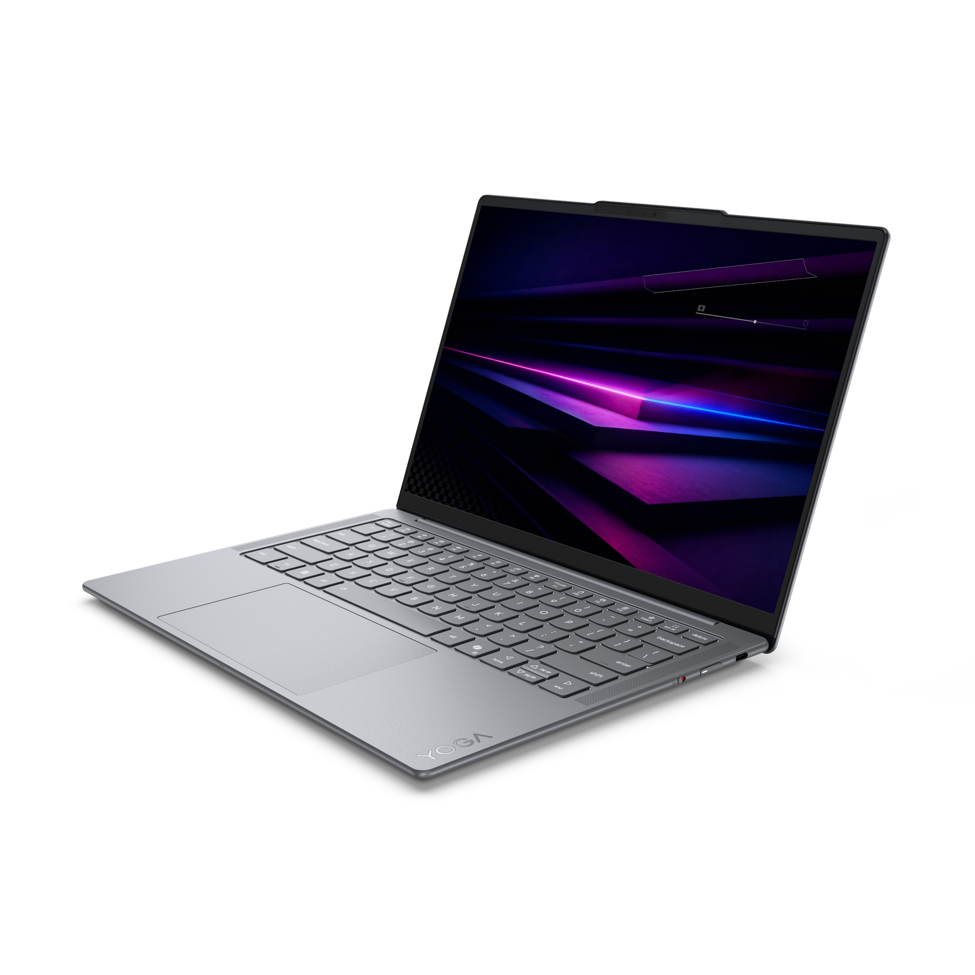 Ein grauer Laptop mit offenem Bildschirm und abstrakter Grafik steht auf einer weißen Oberfläche.