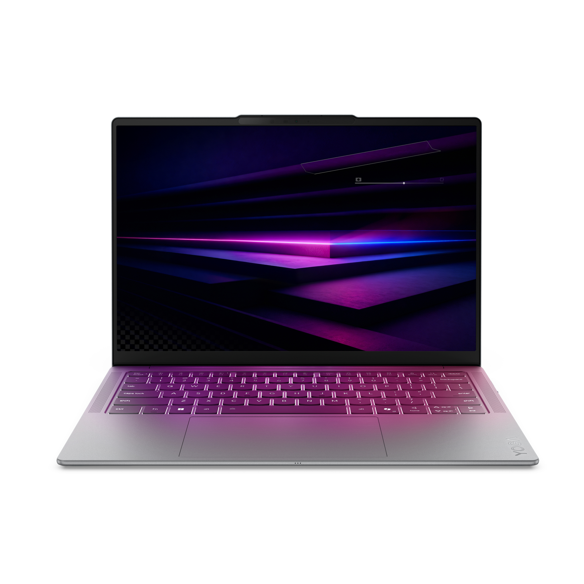 Ein silberner Laptop mit hintergrundbeleuchteter Tastatur und einem abstrakten Display gegen einen weißen Hintergrund.