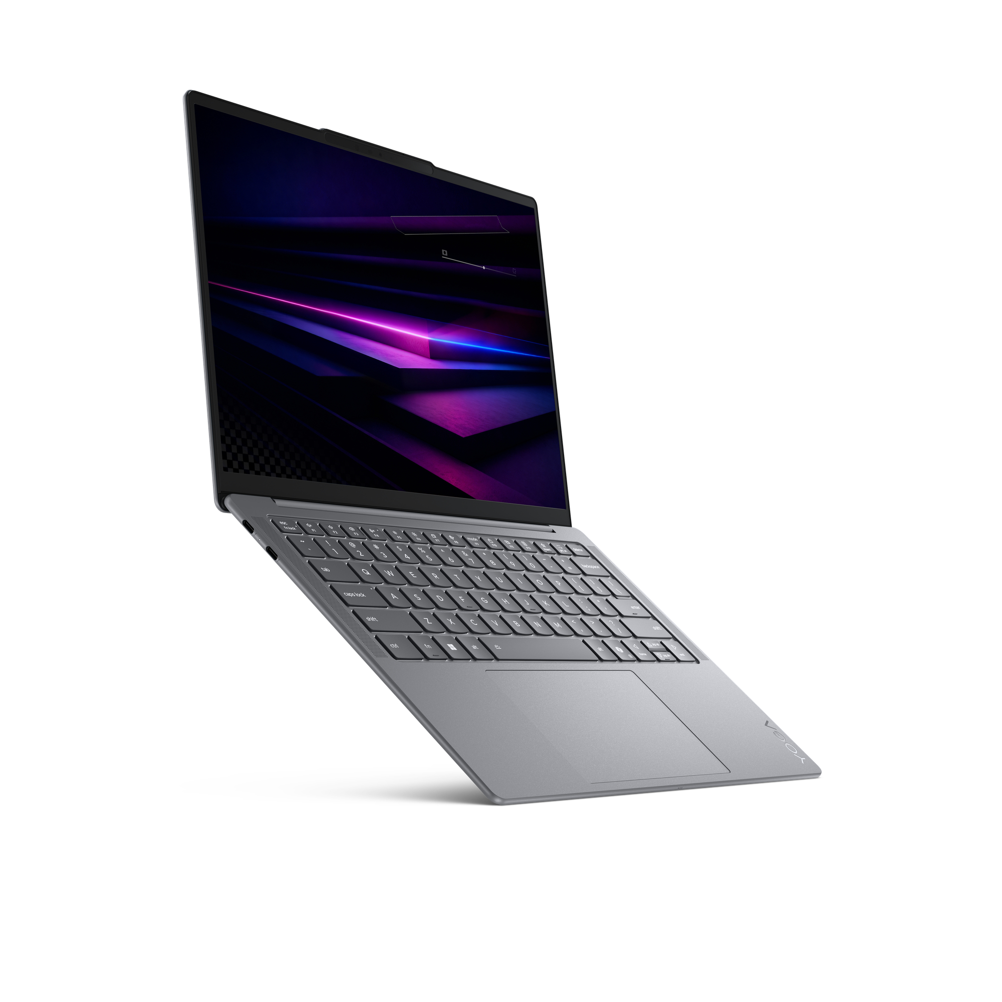 Ein grauer Laptop schwebt vor weißem Hintergrund und zeigt einen dunklen Bildschirm mit leuchtenden Linien.