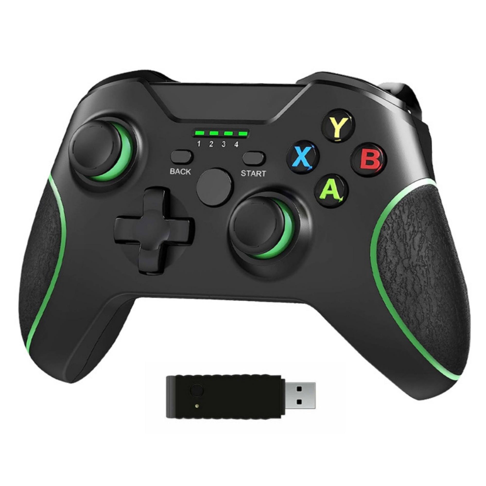 Schwarzer Gamecontroller mit grünen Akzenten, bunten Tasten und einem USB-Empfänger auf weißem Hintergrund.