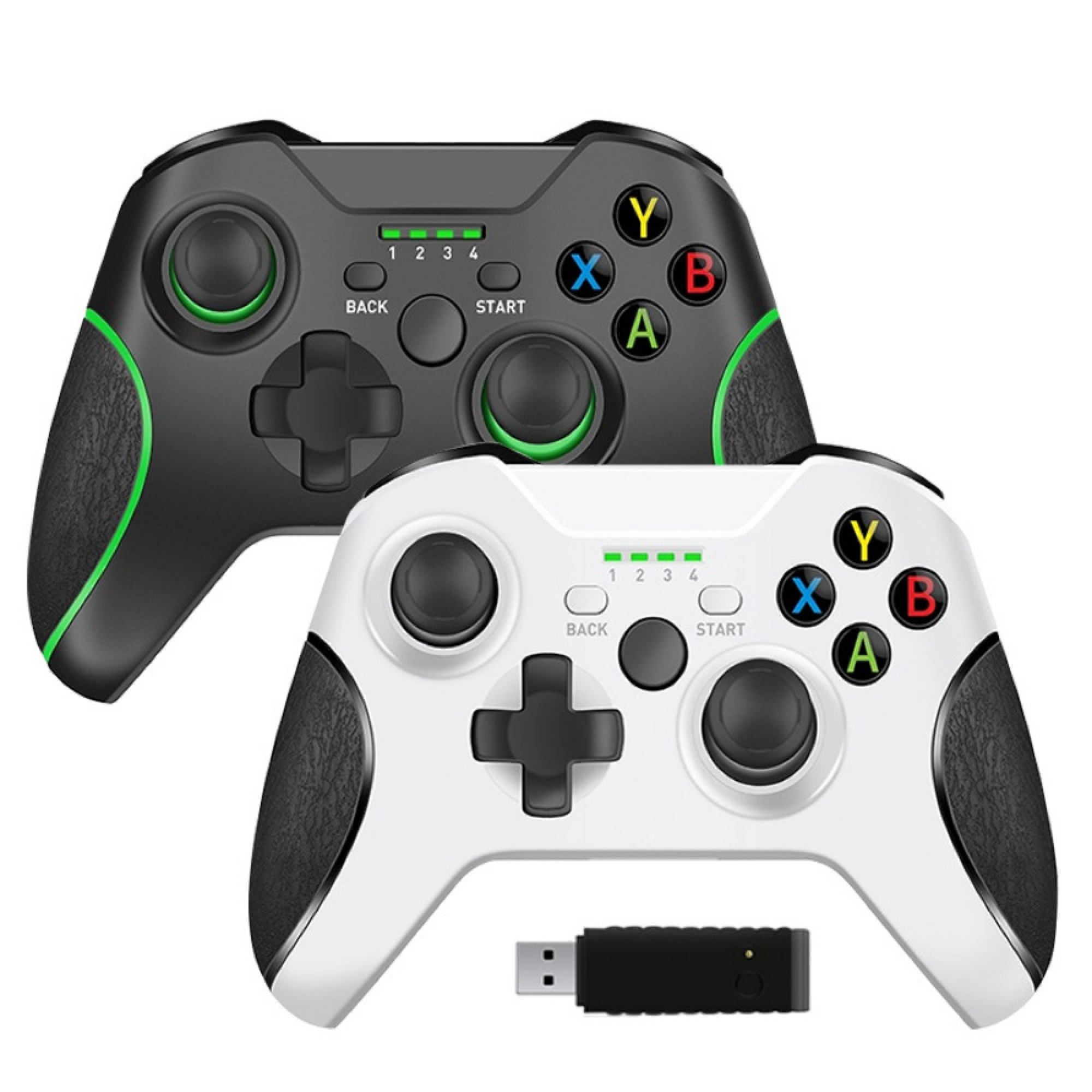 Zwei kabellose Controller, schwarz und weiß, mit farbigen Tasten und einem USB-Empfänger unten.