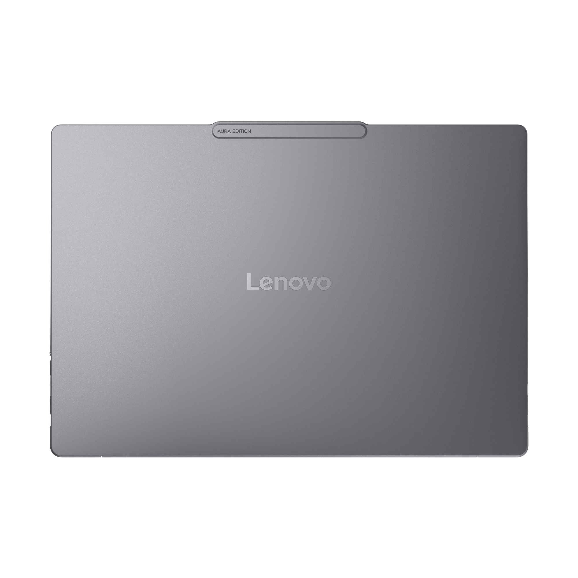 Geschlossener grauer Lenovo-Laptopdeckel mit einem Aura Edition-Etikett und dem Lenovo-Logo vor weißem Hintergrund.