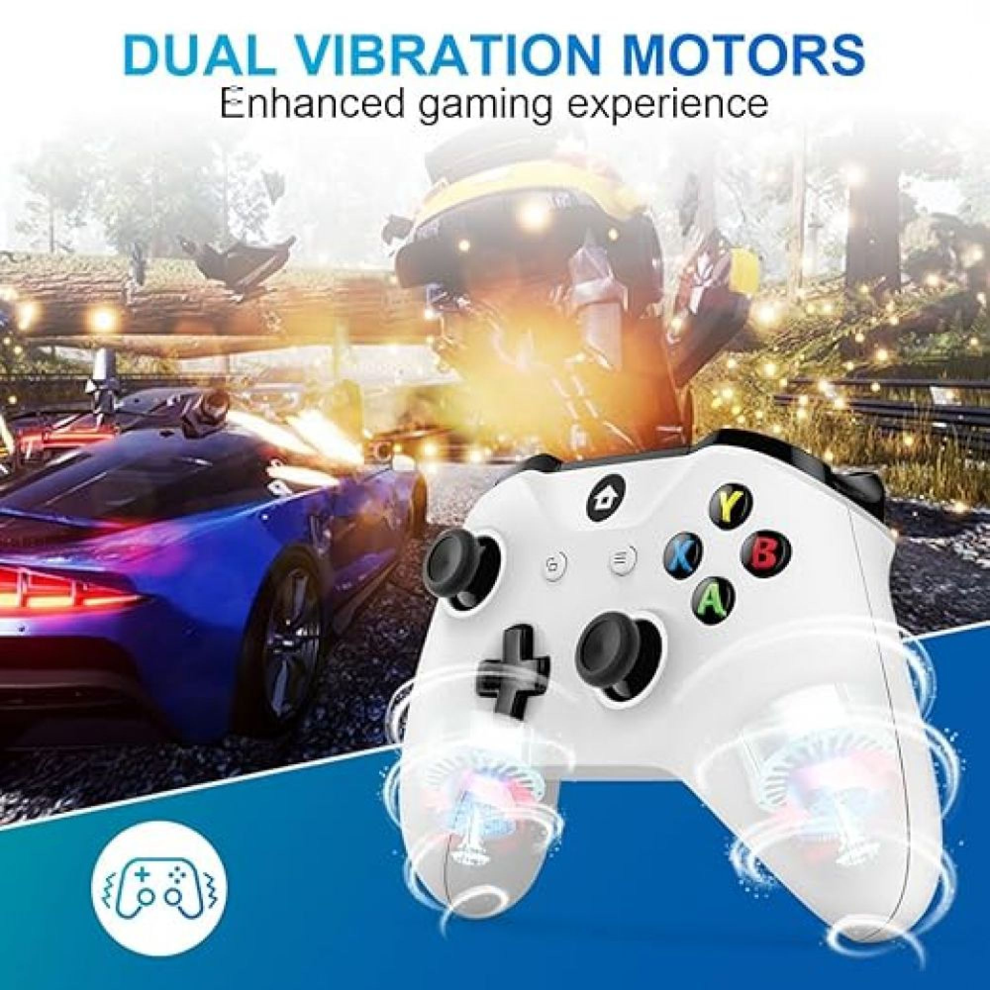 Ein weißer Gamecontroller mit bunten Tasten vor einer Rennspielszene.