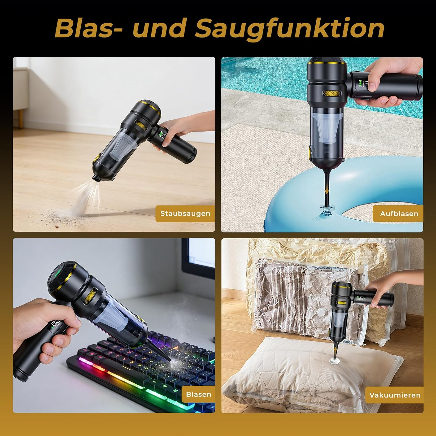 Ein tragbarer Handstaubsauger wird für vier verschiedene Zwecke eingesetzt: Saugen, Aufblasen, Blasen, Vakuumieren.