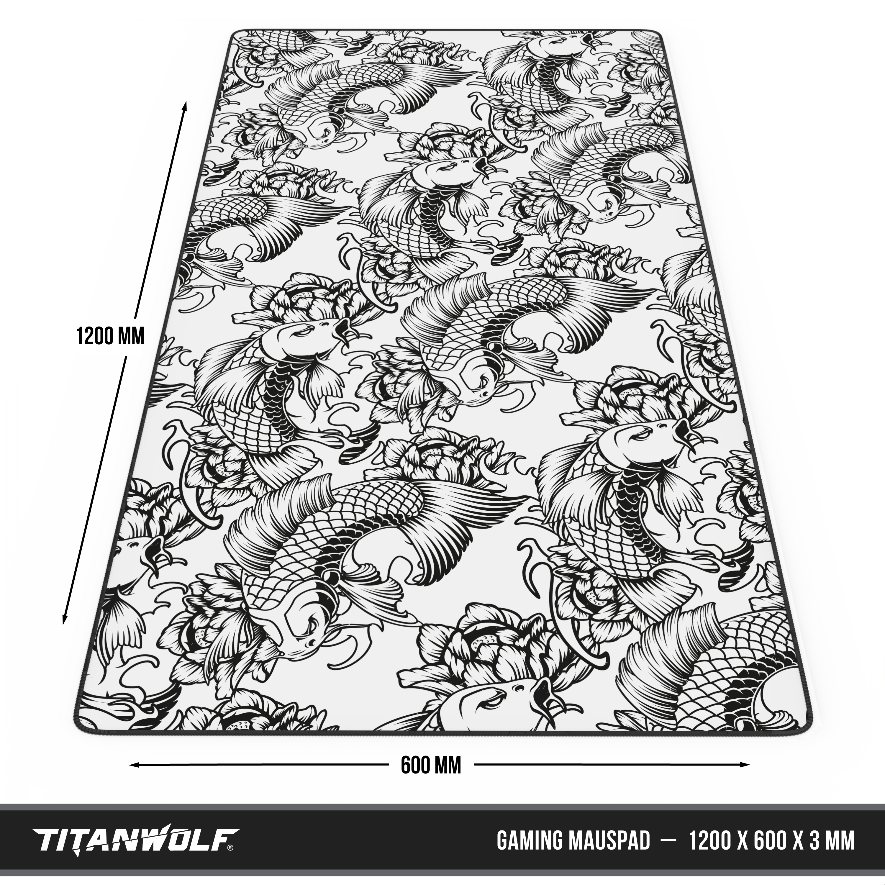 Schwarzes und weißes Titanwolf-Gaming-Mauspad mit Koi-Fisch-Muster und Maßangaben.