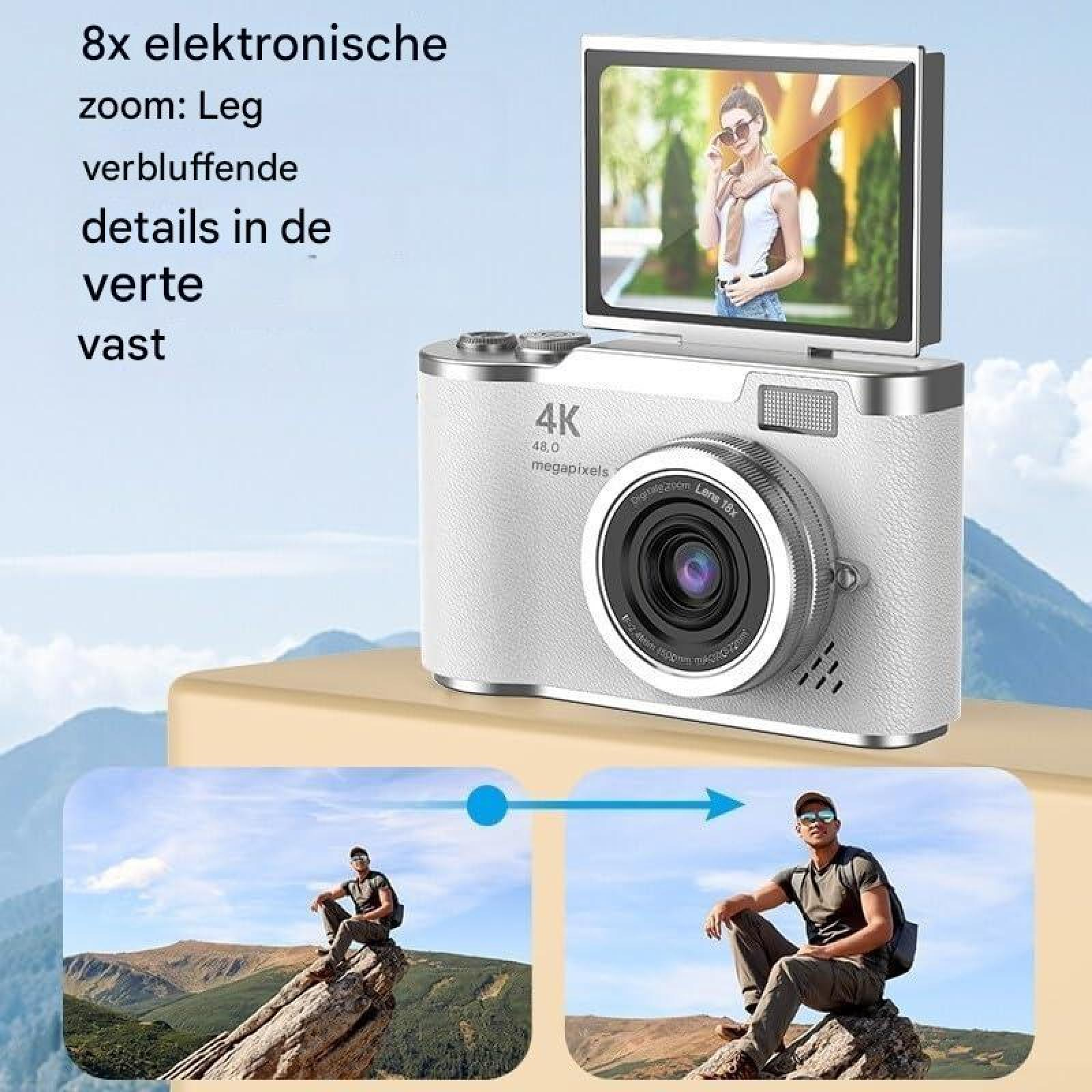 Eine weiße 4K-Kamera mit umklappbarem Bildschirm zeigt ein Zoombeispiel auf einem Berg.