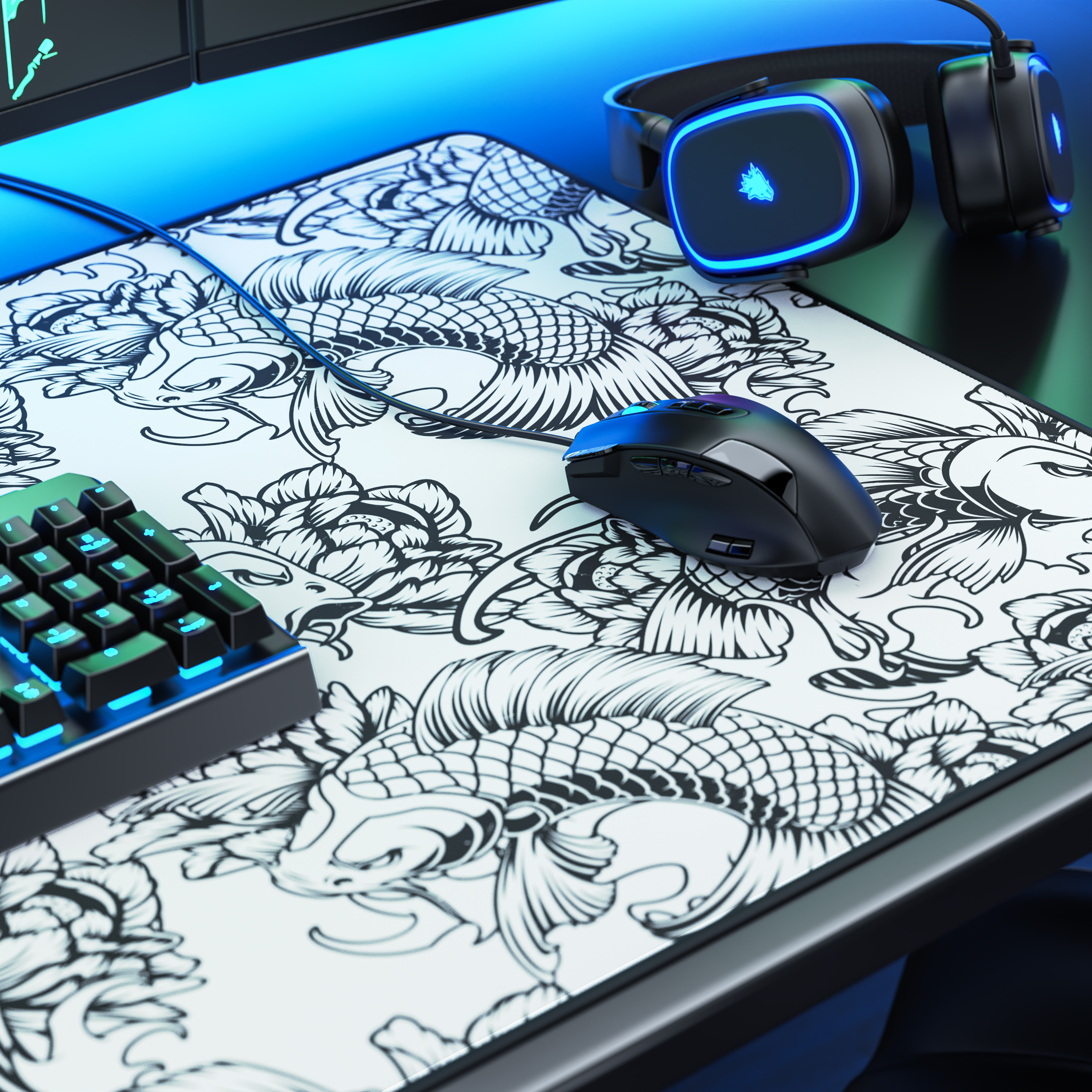 Gaming-Setup mit Schwarz-Weiß-Mauspad, blauer Tastatur, Maus und beleuchteten Kopfhörern auf dunklem Tisch.