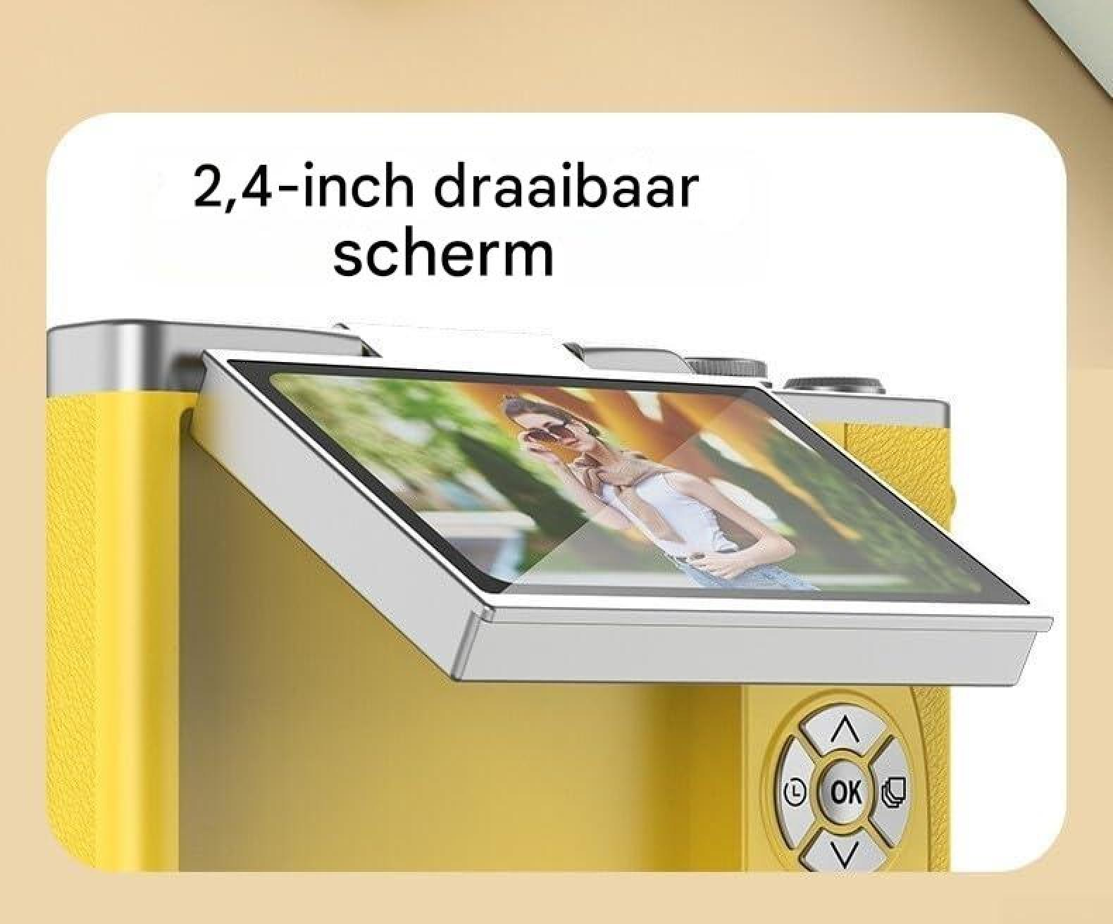 Gelbe Digitalkamera mit einem klappbaren 2,4-Zoll-Bildschirm und Text.