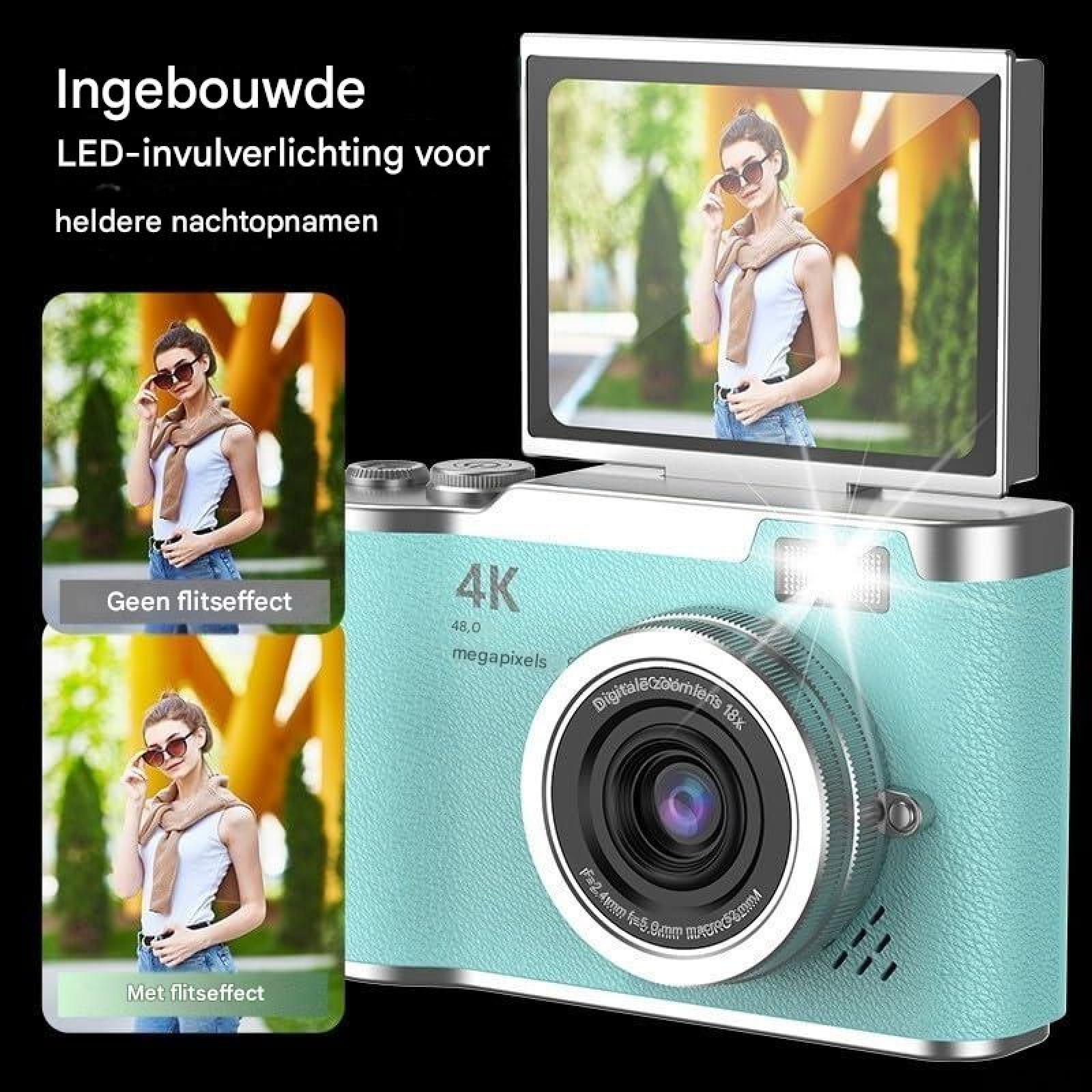 Türkisblaue Digitalkamera mit Blitz und Flip-Bildschirm, links Vergleichsbilder mit und ohne Blitz.
