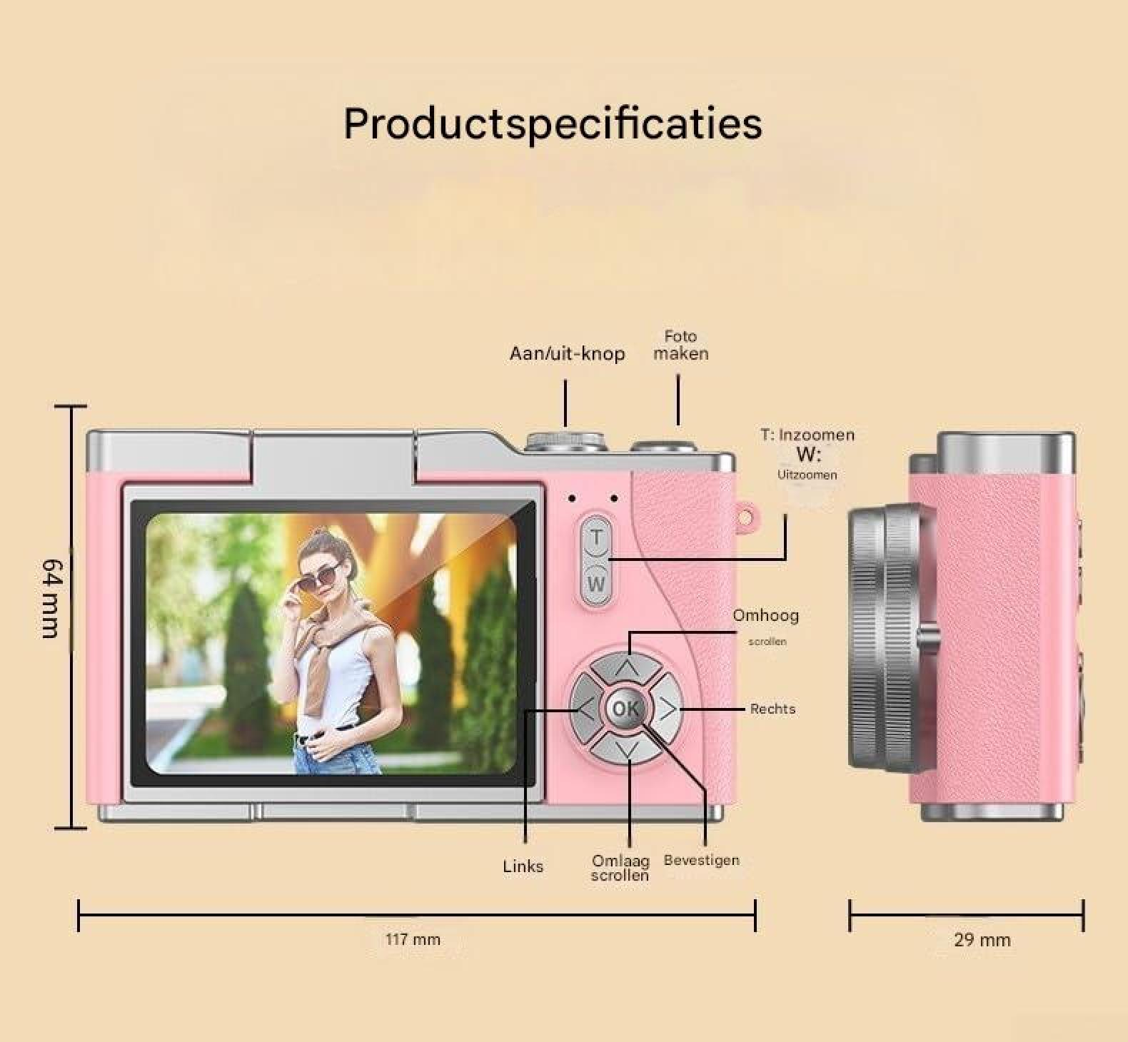 Produktspezifikationen einer rosa Digitalkamera mit den Maßen 117 mm Breite, 64 mm Höhe und 29 mm Tiefe.