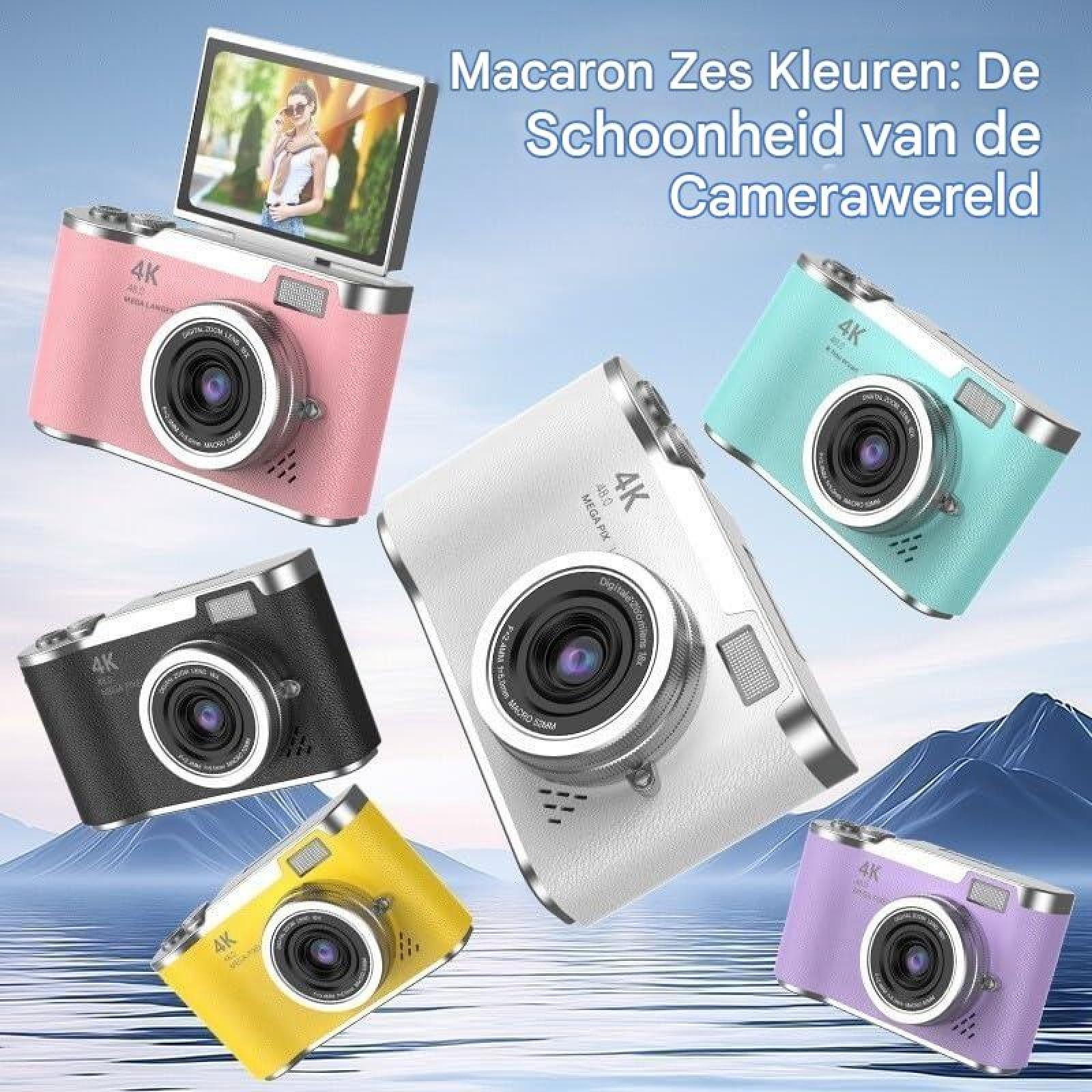Sechs bunte 4K-Digitalkameras in Rosa, Weiß, Türkis, Schwarz, Gelb und Lila vor einer Berglandschaft.