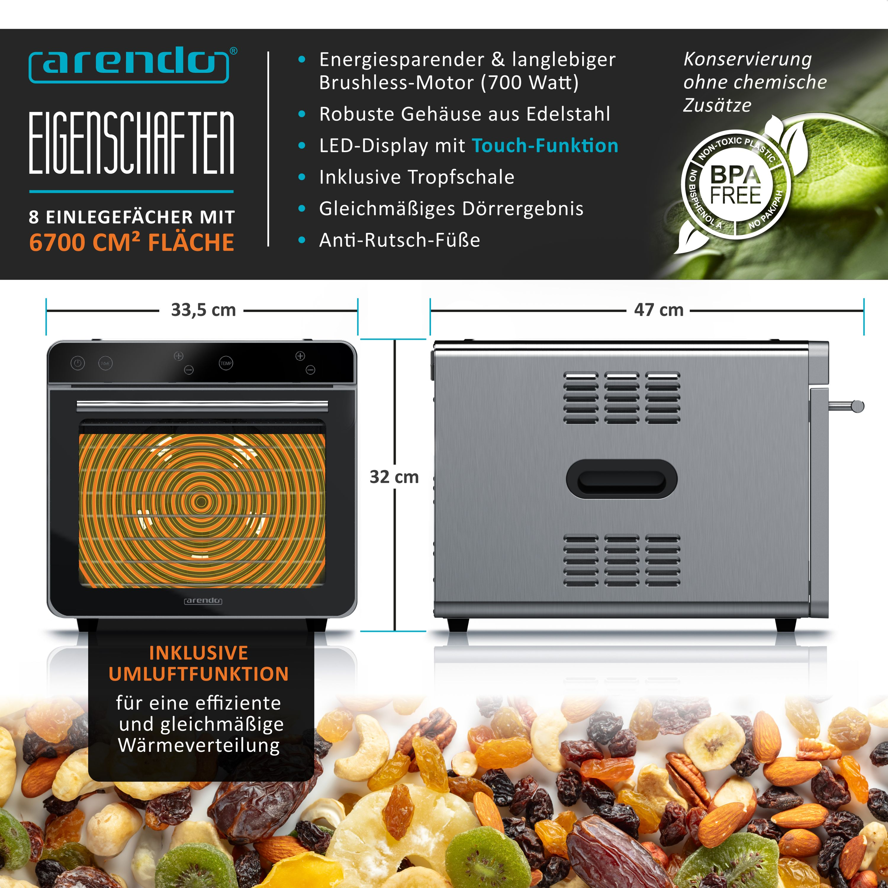 Arendo Edelstahl-Dehydrator mit LED-Display, Abmessungen und Dörrgut im Vordergrund.