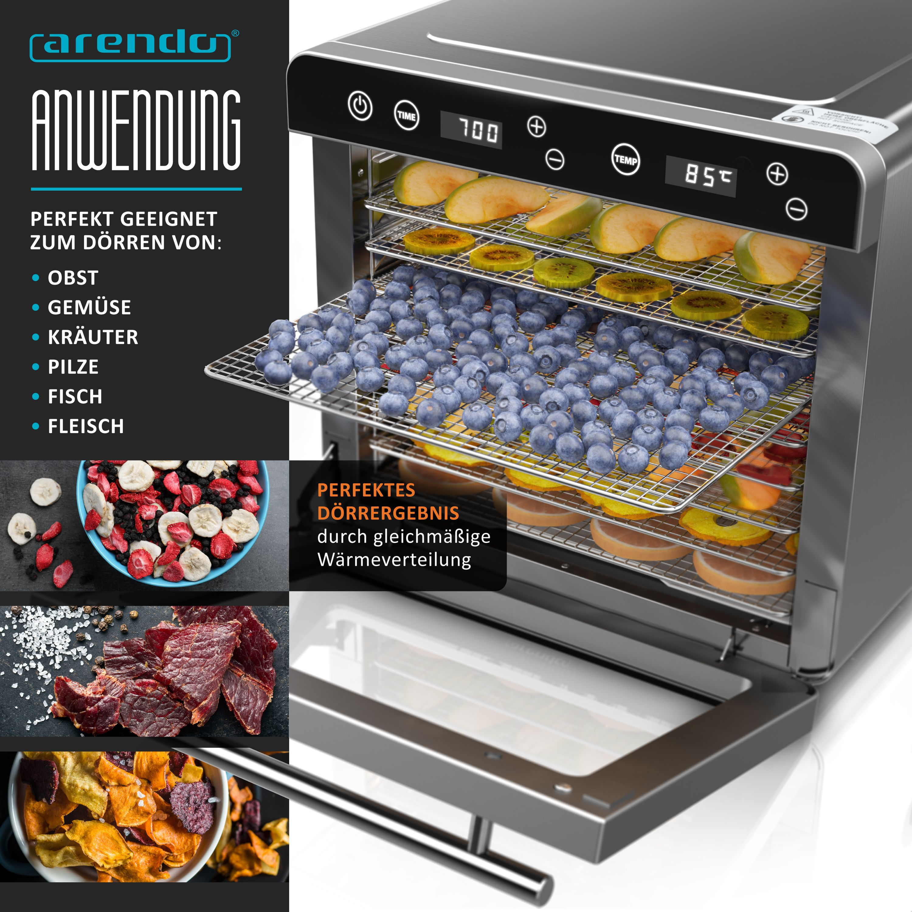 Arendo-Dörrautomat mit Edelstahlregalen voller Blaubeeren und Früchte, mit digitalen Bedienelementen.