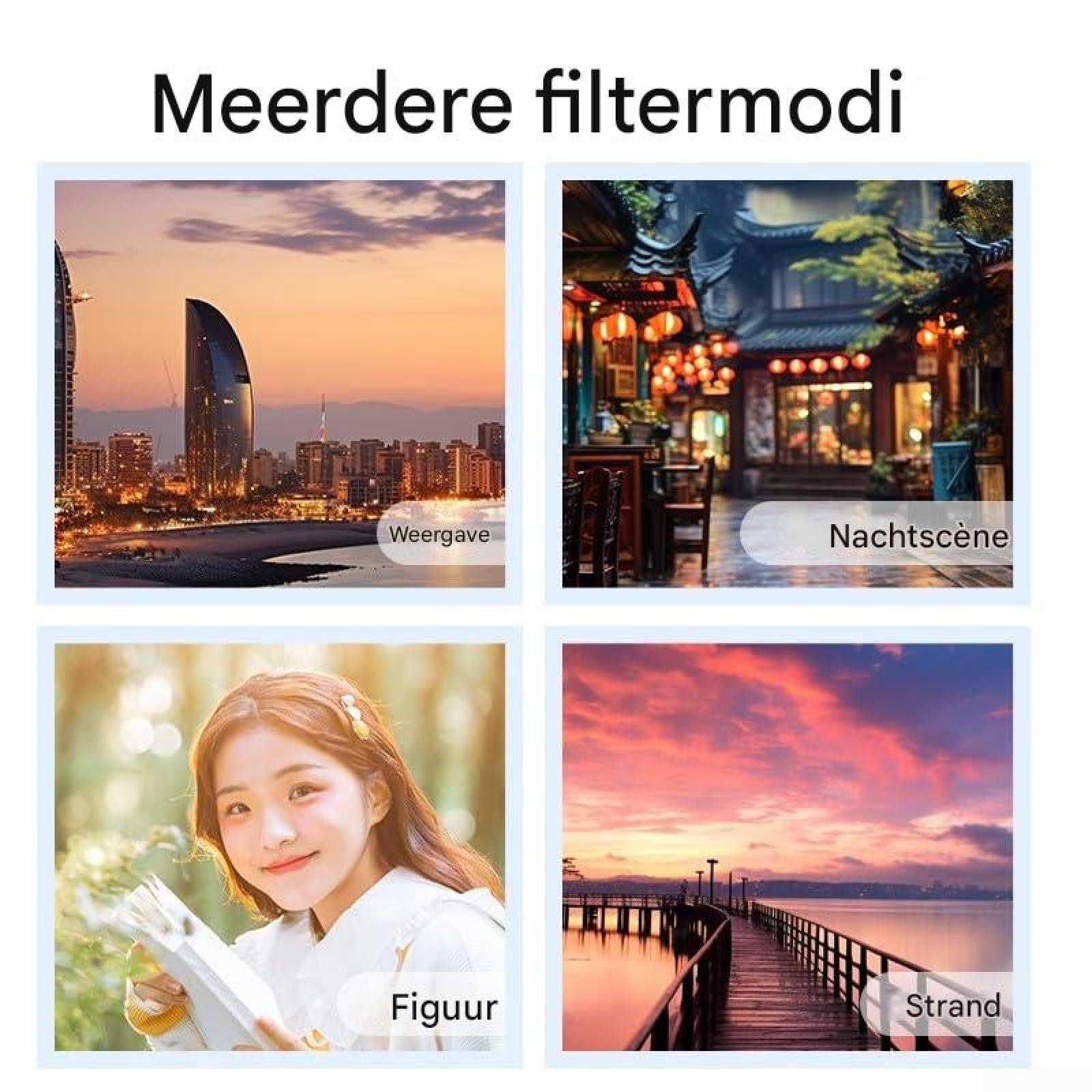 Vier Bilder zeigen verschiedene Kameramodi: Stadt bei Sonnenuntergang, Nachtszene, Porträt und Strand bei Sonnenuntergang.