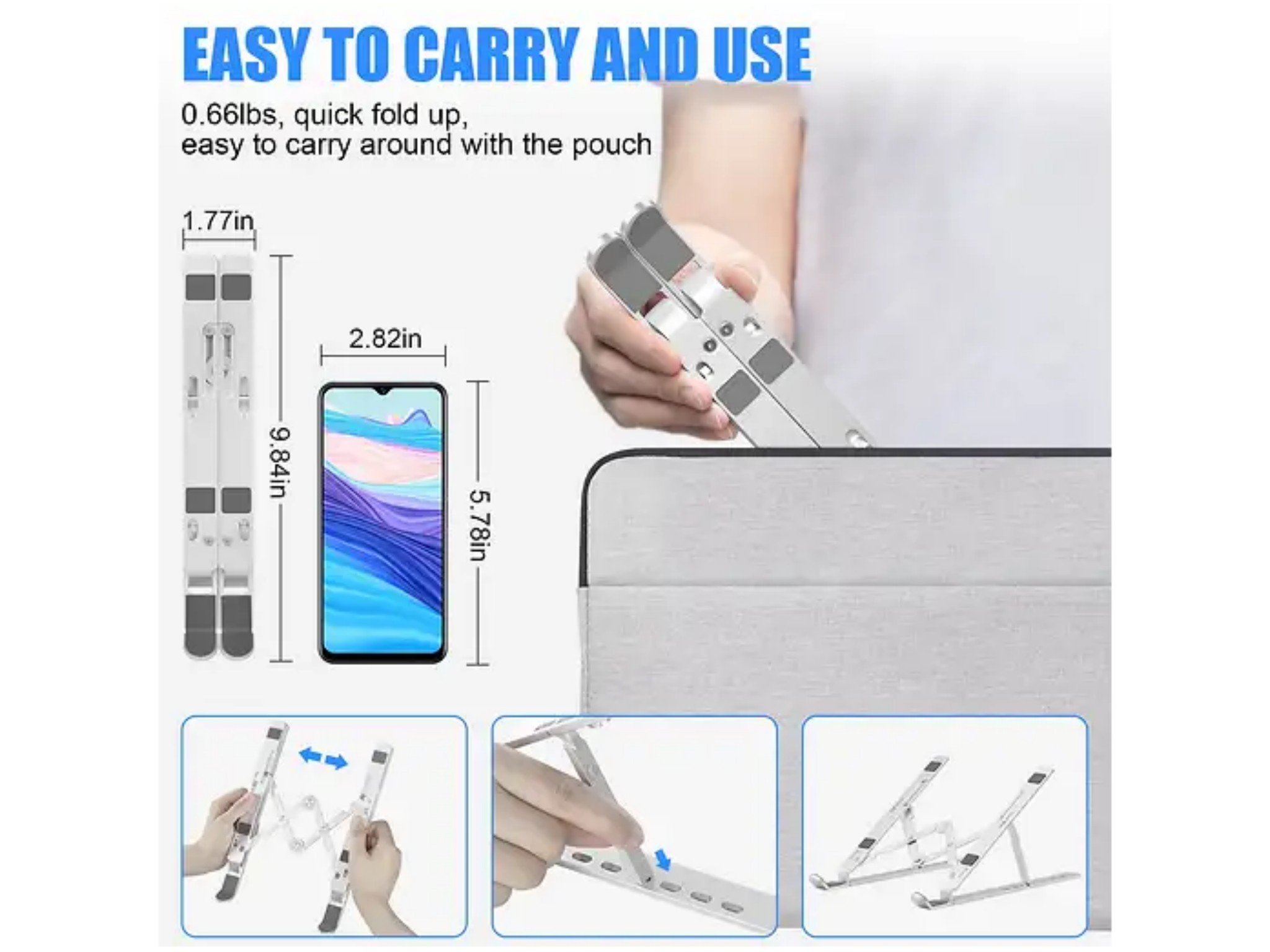 Ein faltbarer Laptopständer wird in eine Tasche gesteckt, mit Abmessungen und Funktionsgrafiken.