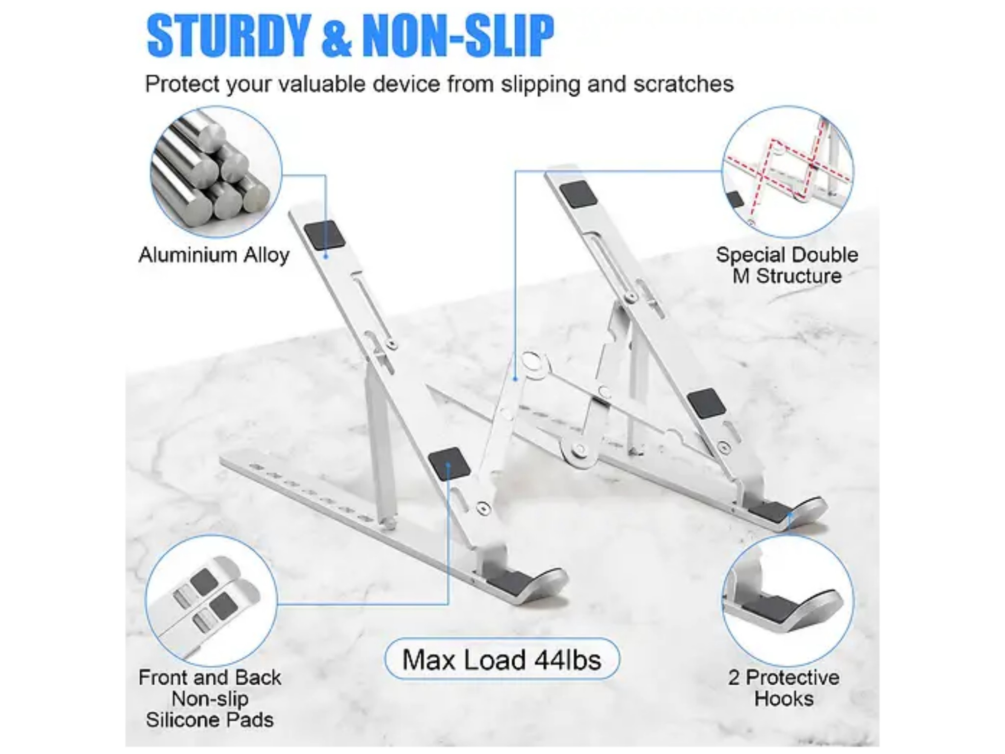 Stabiler Laptop-Ständer aus Aluminiumlegierung mit rutschfesten Silikonpads, bis zu 20 kg belastbar.