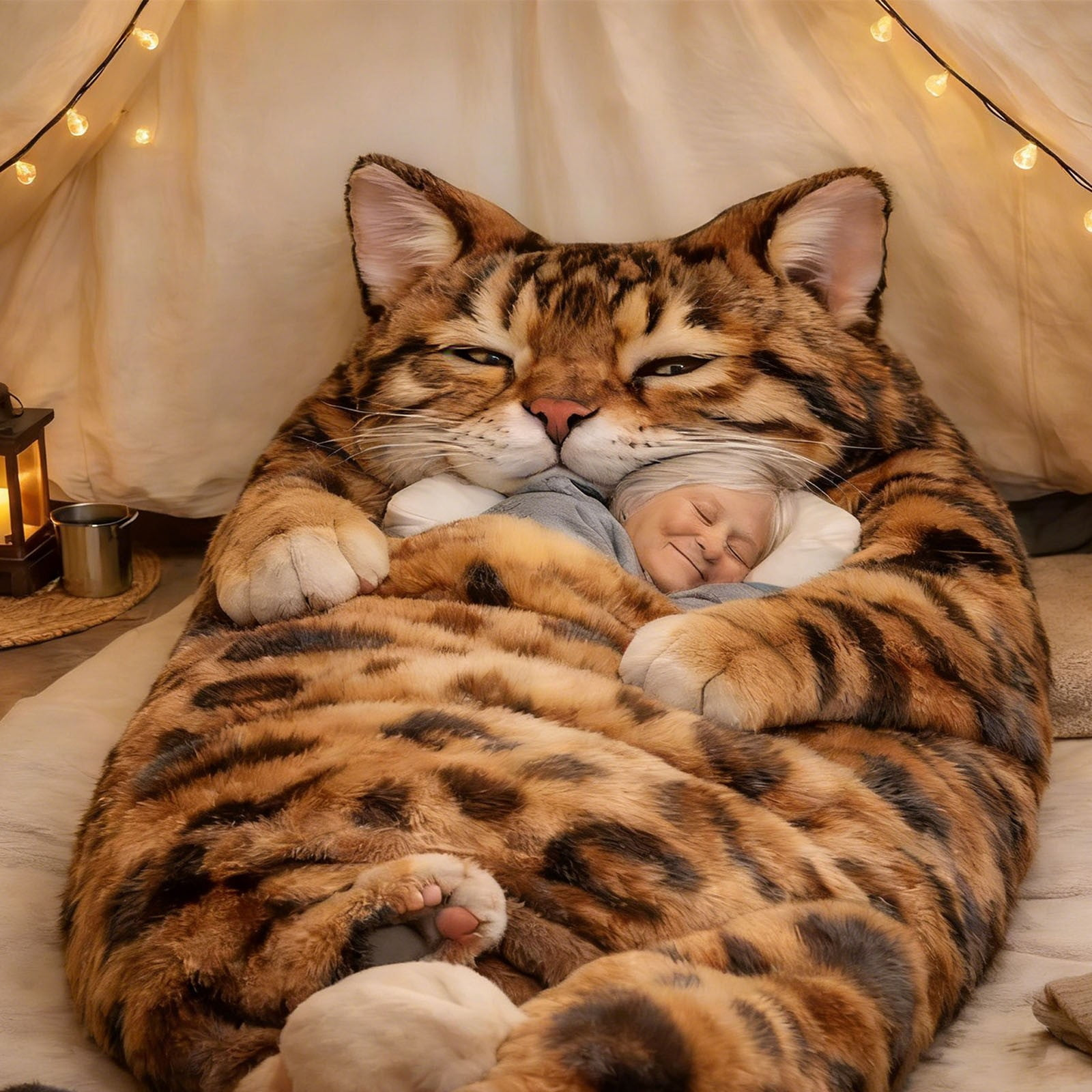 Ein Kind schläft friedlich im Arm eines riesigen, plüschigen, tigerähnlichen Kissenstuhls unter einer Decke mit Lichtern.